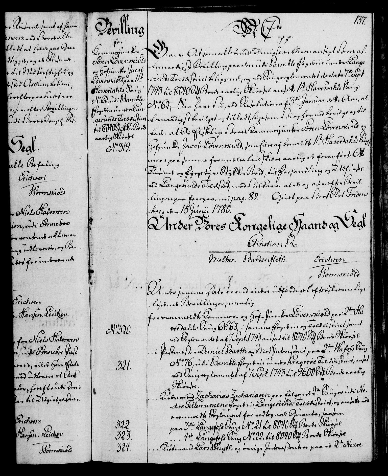 Rentekammeret, Kammerkanselliet, AV/RA-EA-3111/G/Gg/Gga/L0011: Norsk ekspedisjonsprotokoll med register (merket RK 53.11), 1779-1781, s. 137