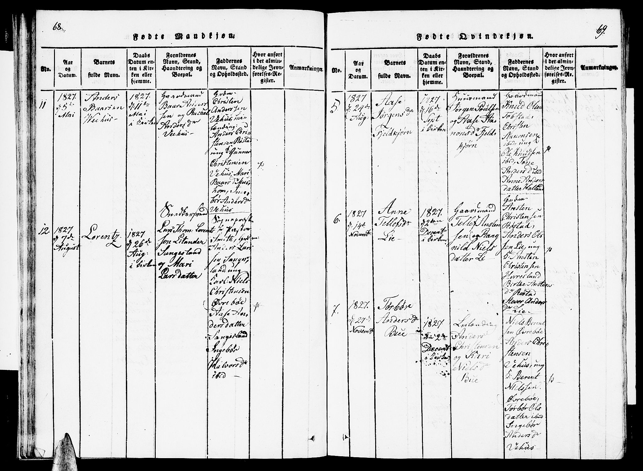 Vennesla sokneprestkontor, AV/SAK-1111-0045/Fb/Fbc/L0001: Klokkerbok nr. B 1, 1820-1834, s. 68-69