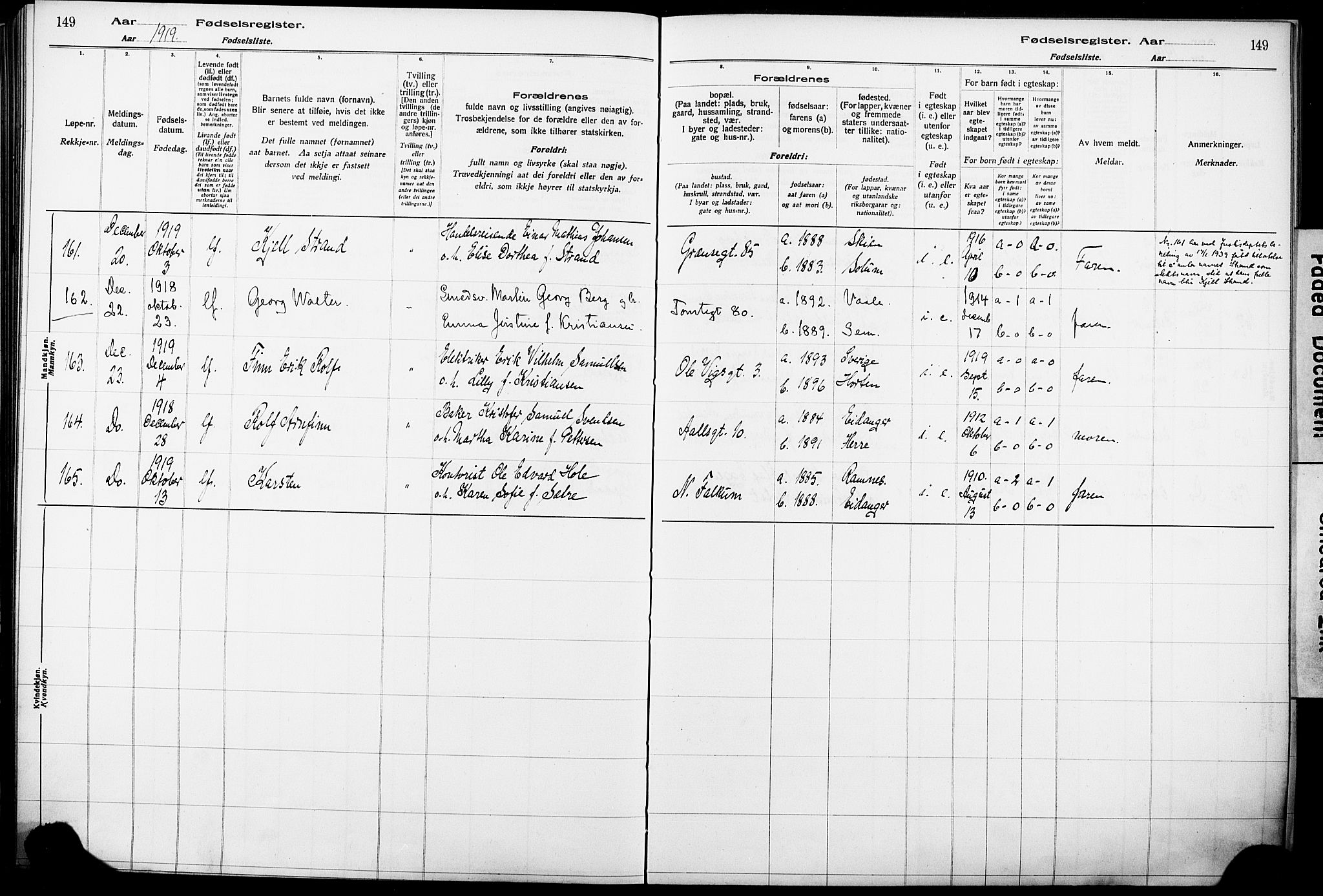 Skien kirkebøker, AV/SAKO-A-302/J/Ja/L0001: Fødselsregister nr. 1, 1916-1920, s. 149