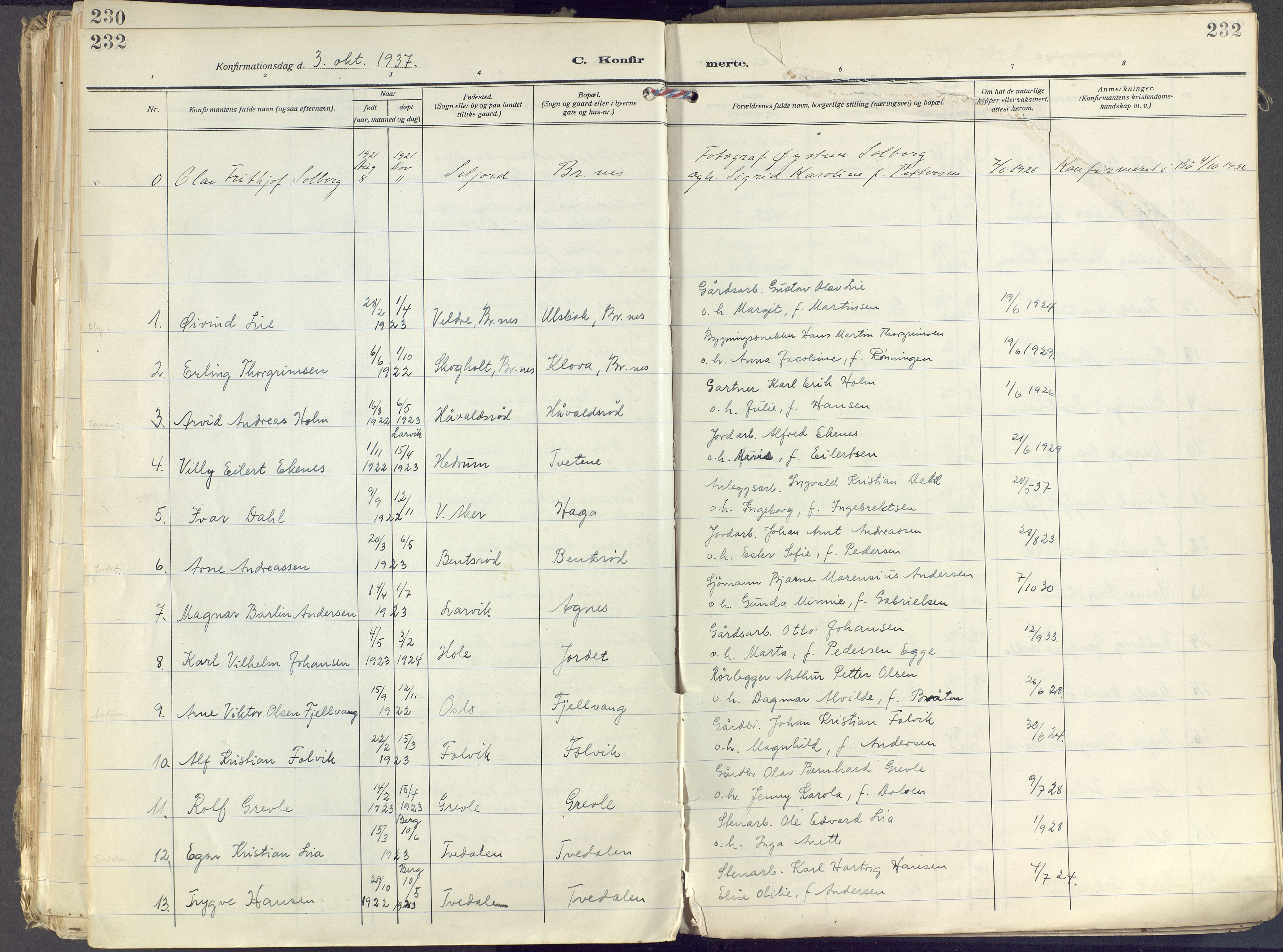 Brunlanes kirkebøker, AV/SAKO-A-342/F/Fc/L0004: Ministerialbok nr. III 4, 1923-1943, s. 232