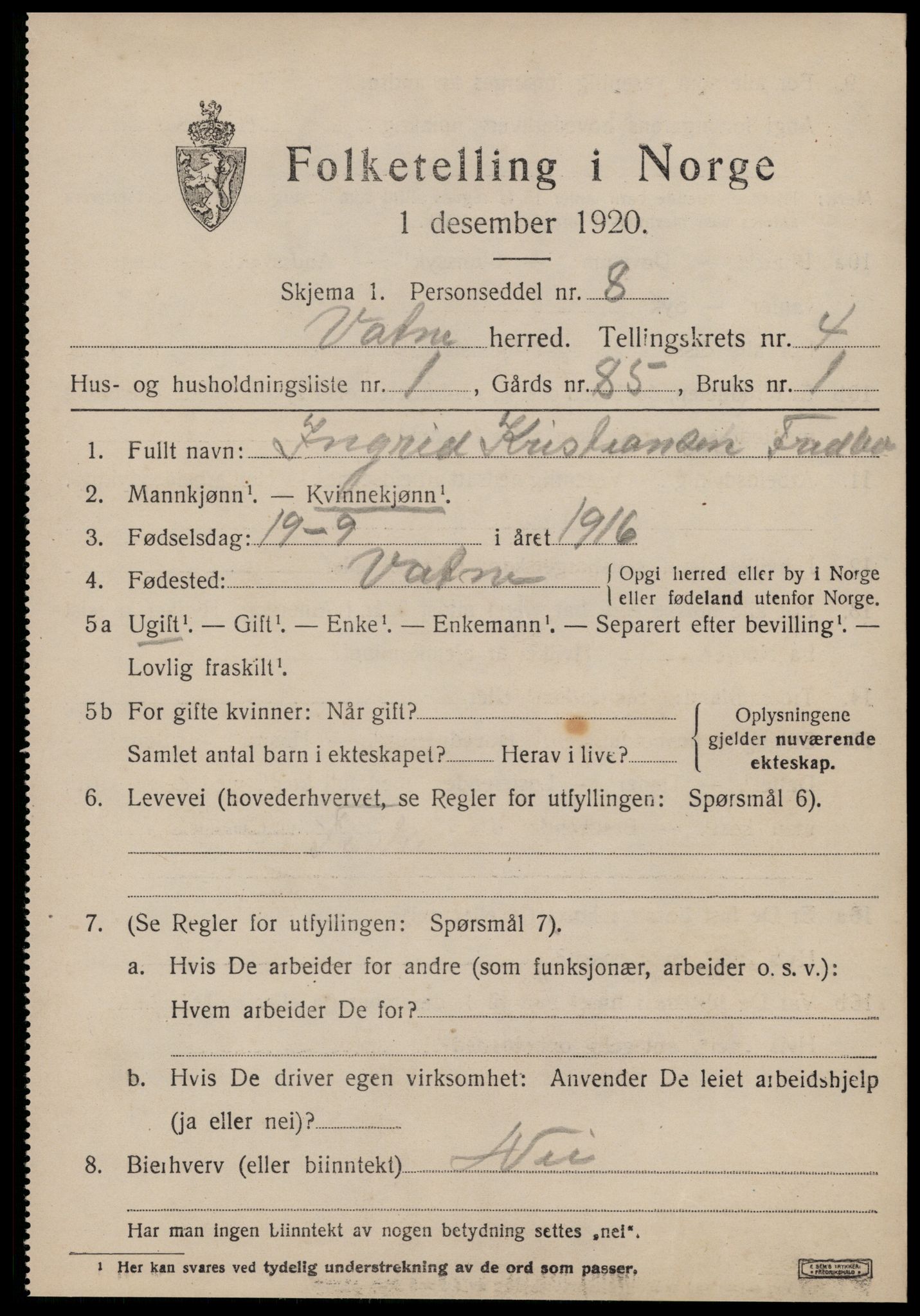 SAT, Folketelling 1920 for 1530 Vatne herred, 1920, s. 1826