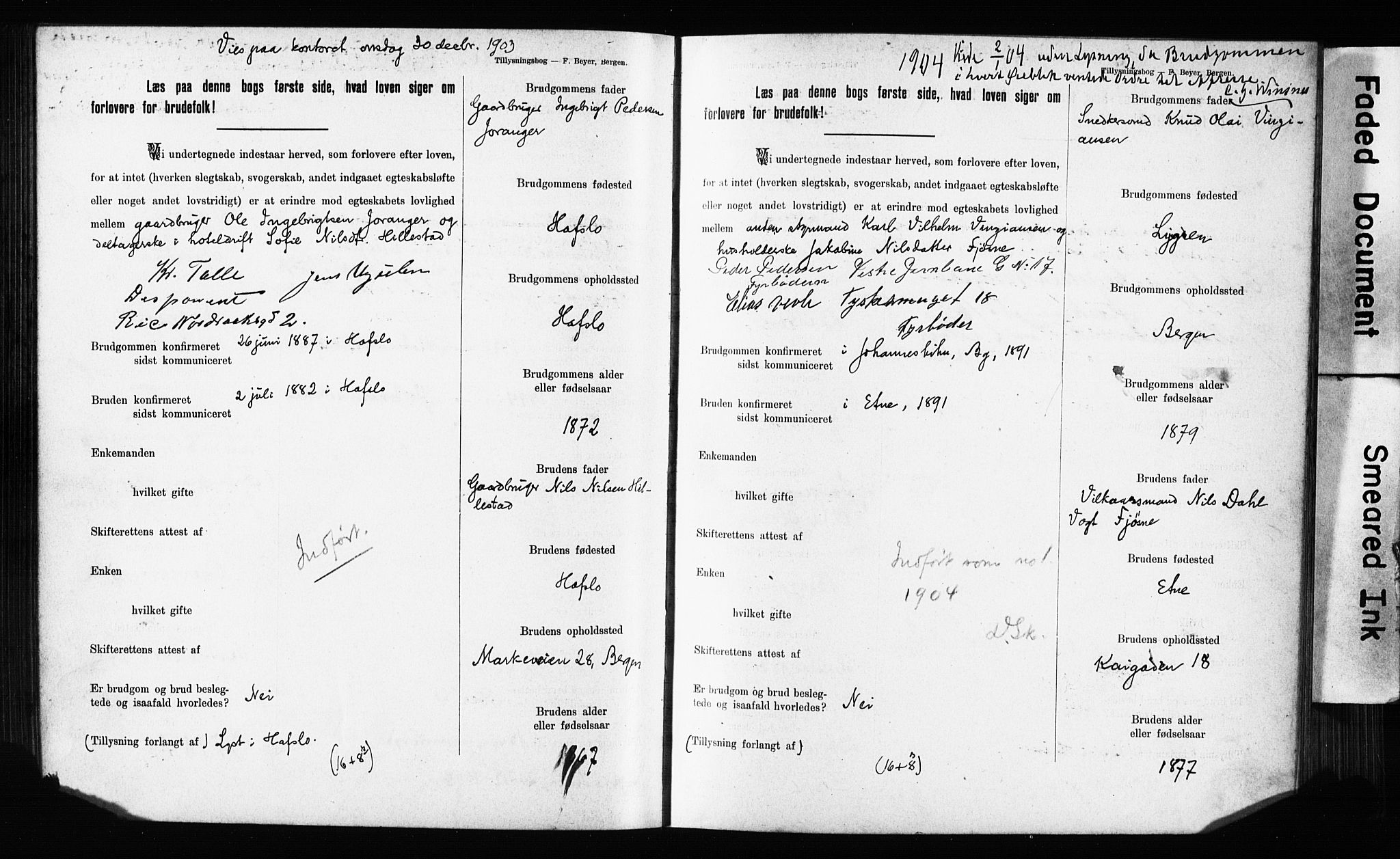 Domkirken sokneprestembete, SAB/A-74801: Forlovererklæringer nr. II.5.11, 1899-1910, s. 136