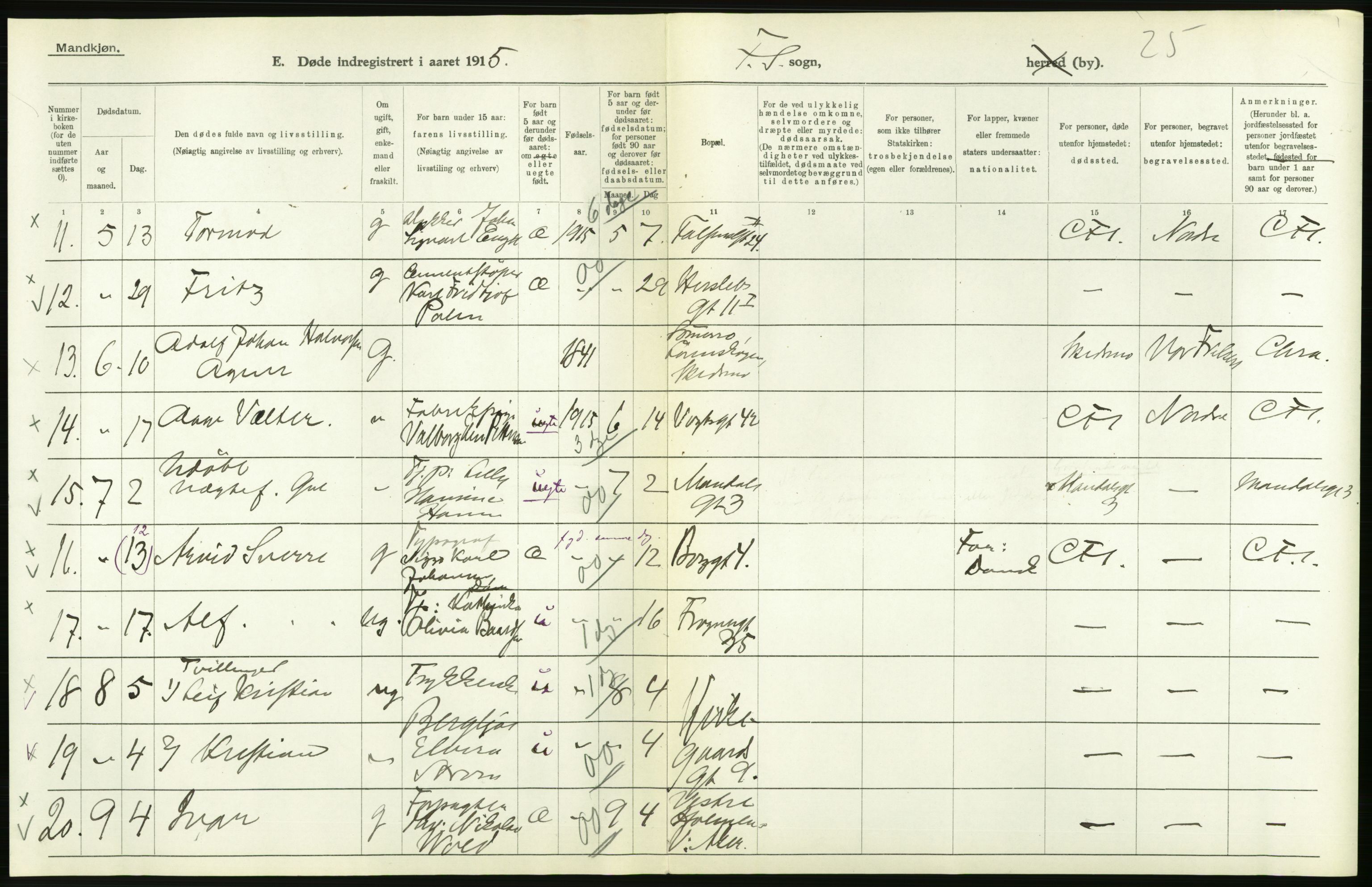 Statistisk sentralbyrå, Sosiodemografiske emner, Befolkning, RA/S-2228/D/Df/Dfb/Dfbe/L0010: Kristiania: Døde, dødfødte., 1915, s. 370