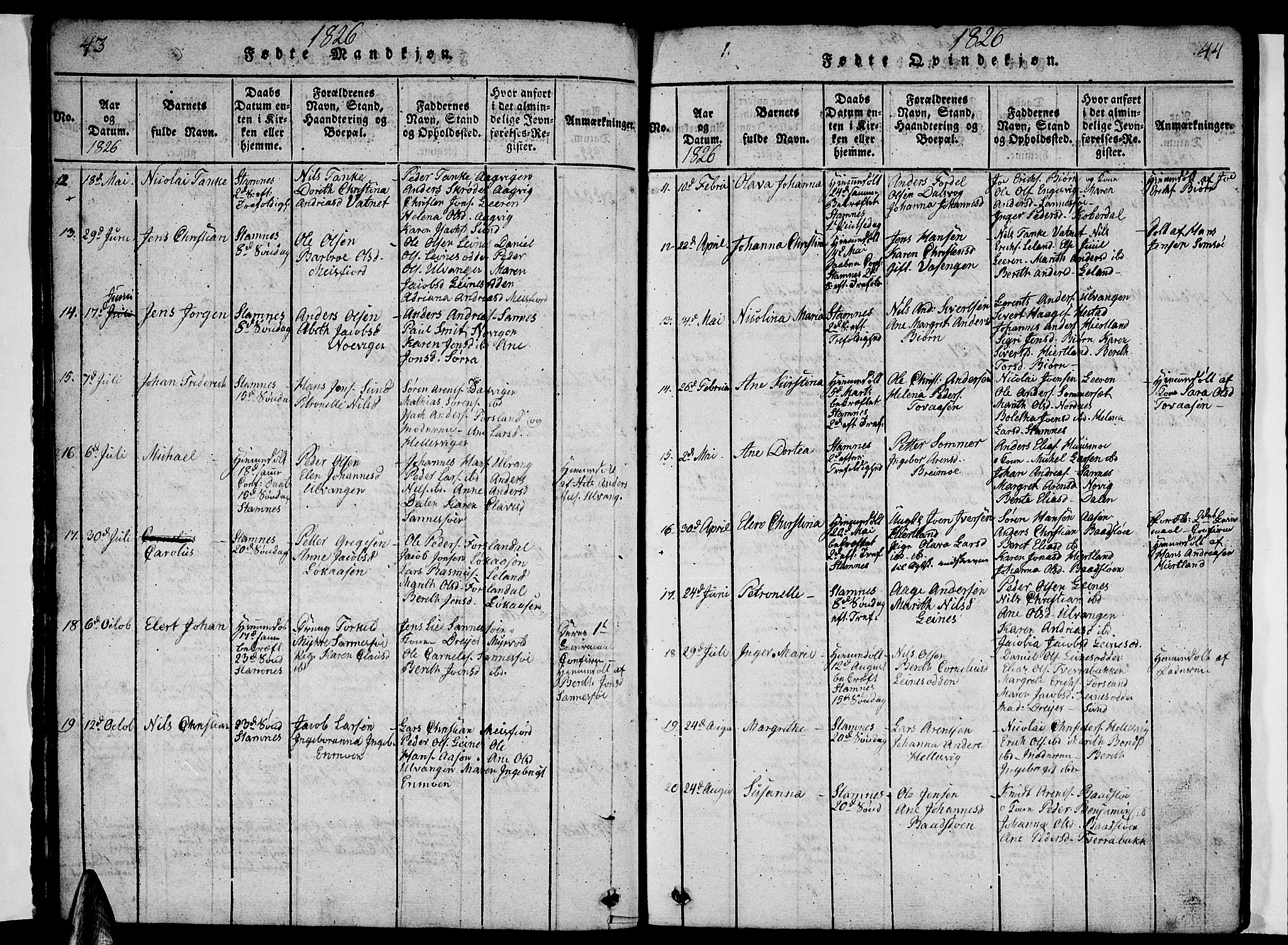 Ministerialprotokoller, klokkerbøker og fødselsregistre - Nordland, AV/SAT-A-1459/831/L0474: Klokkerbok nr. 831C01, 1820-1850, s. 43-44