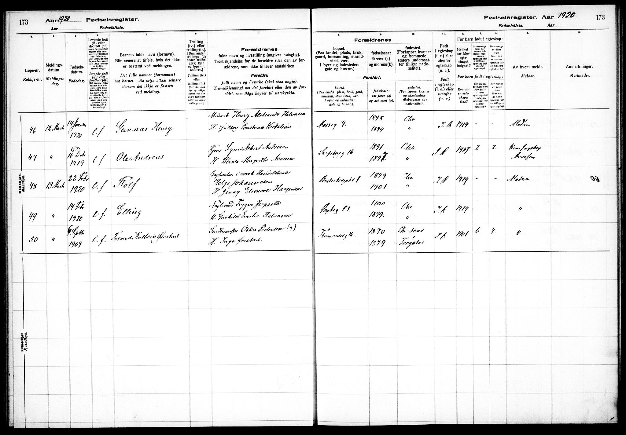 Sagene prestekontor Kirkebøker, SAO/A-10796/J/L0001: Fødselsregister nr. 1, 1916-1920, s. 173