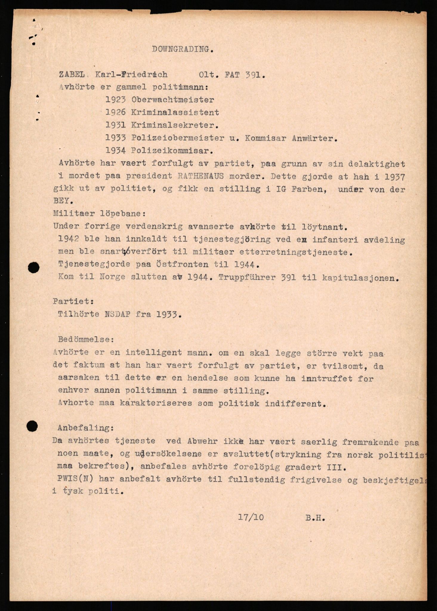 Forsvaret, Forsvarets overkommando II, AV/RA-RAFA-3915/D/Db/L0037: CI Questionaires. Tyske okkupasjonsstyrker i Norge. Tyskere., 1945-1946, s. 15