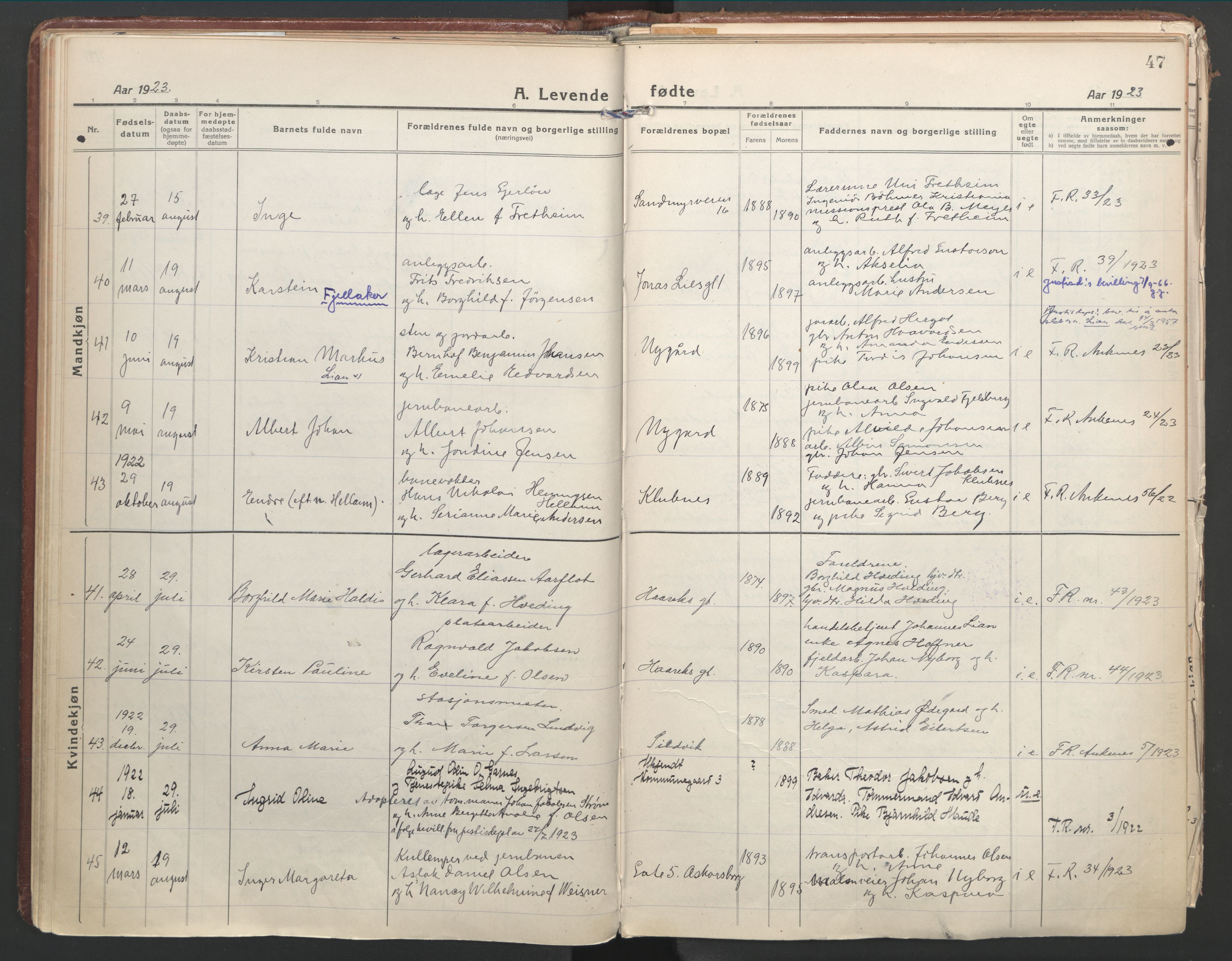 Ministerialprotokoller, klokkerbøker og fødselsregistre - Nordland, AV/SAT-A-1459/871/L1003: Ministerialbok nr. 871A19, 1921-1930, s. 47
