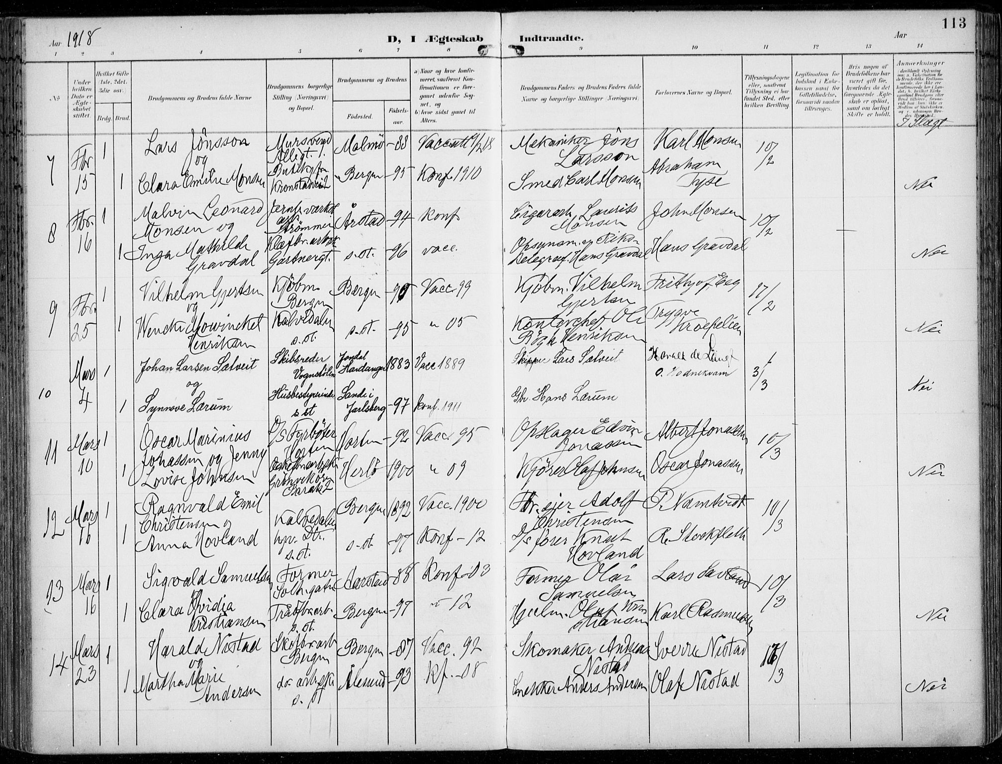 Årstad Sokneprestembete, AV/SAB-A-79301/H/Haa/L0009: Ministerialbok nr. C 1, 1902-1918, s. 113