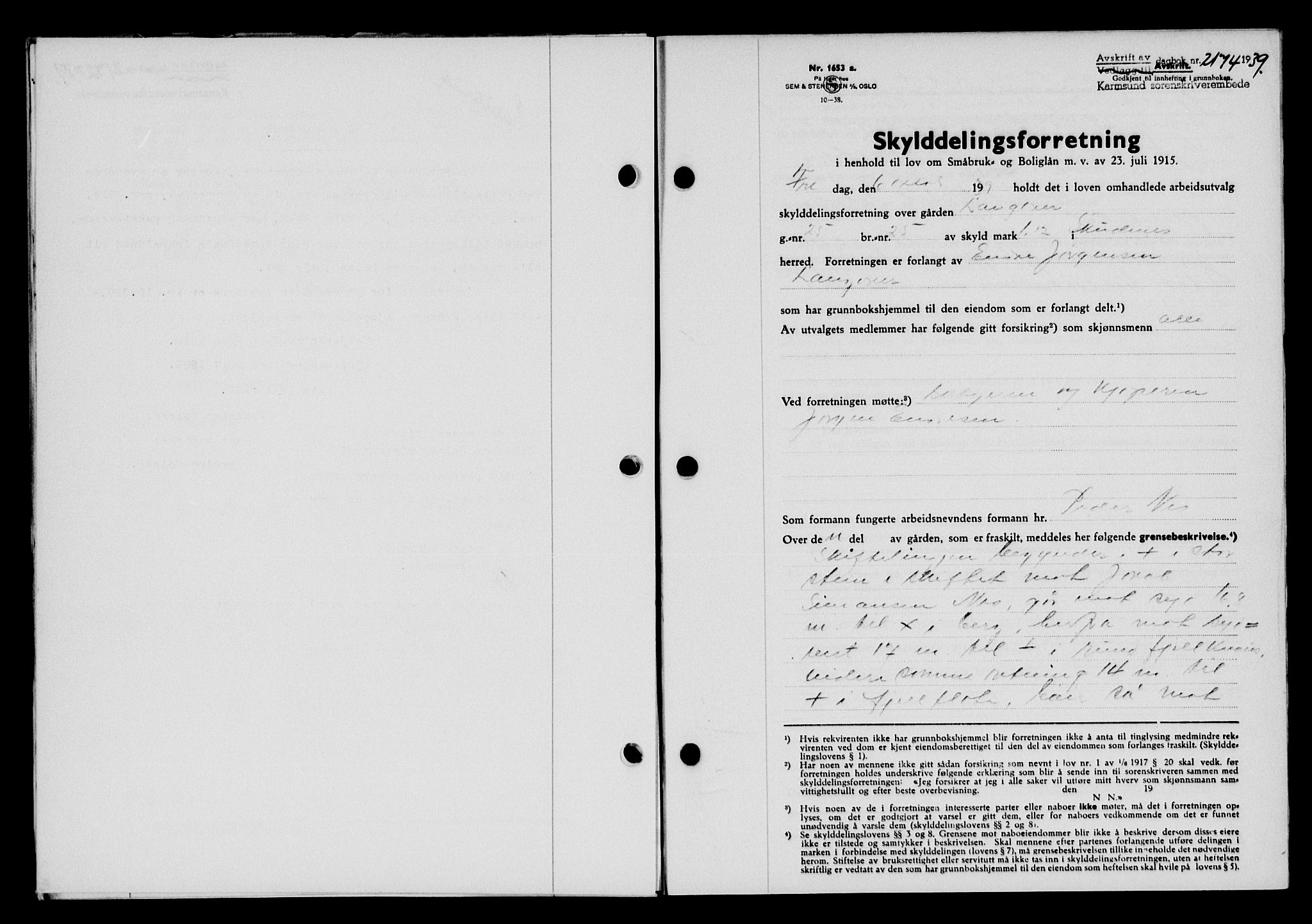 Karmsund sorenskriveri, SAST/A-100311/01/II/IIB/L0072: Pantebok nr. 53A, 1939-1940, Dagboknr: 2174/1939
