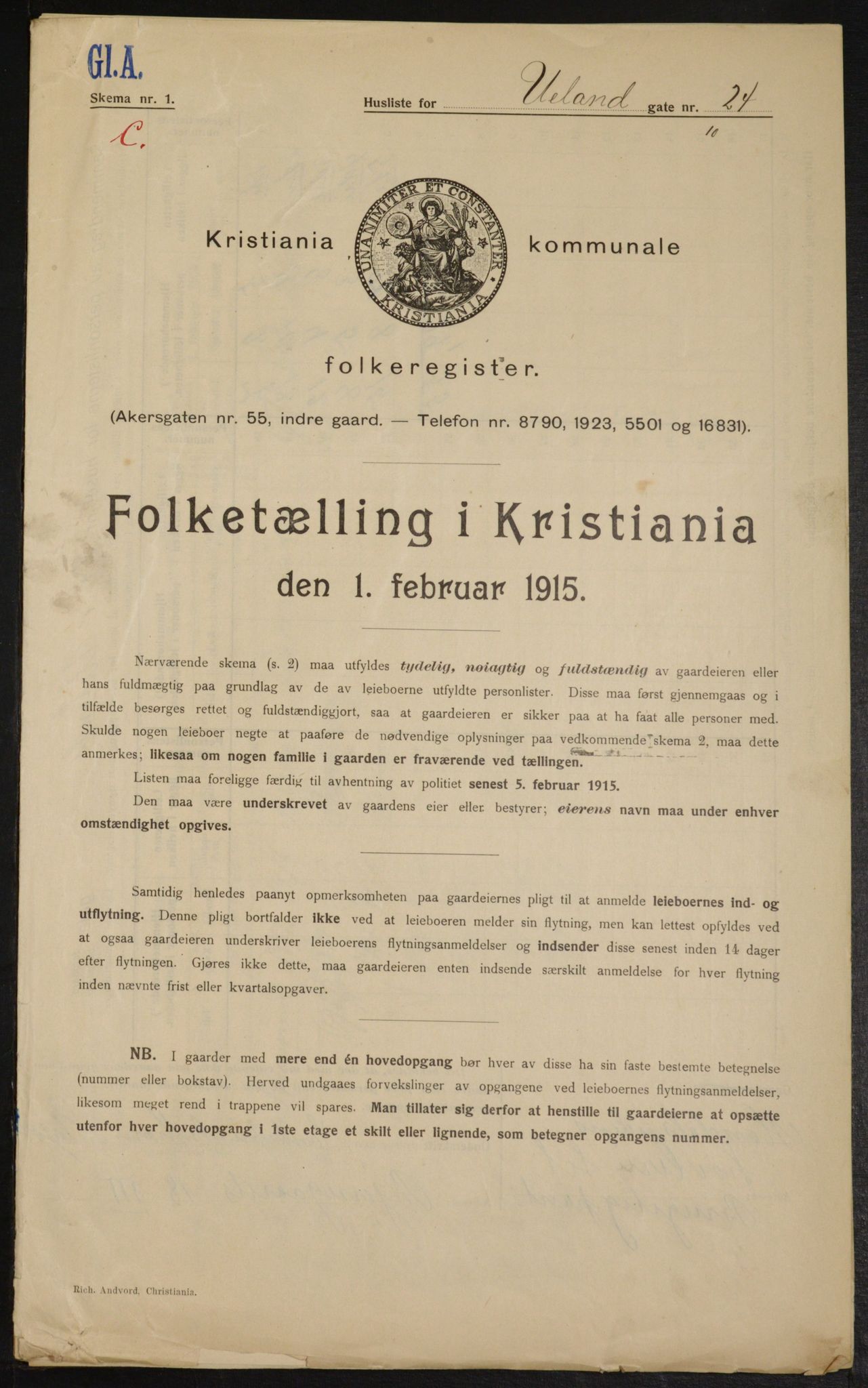 OBA, Kommunal folketelling 1.2.1915 for Kristiania, 1915, s. 119124