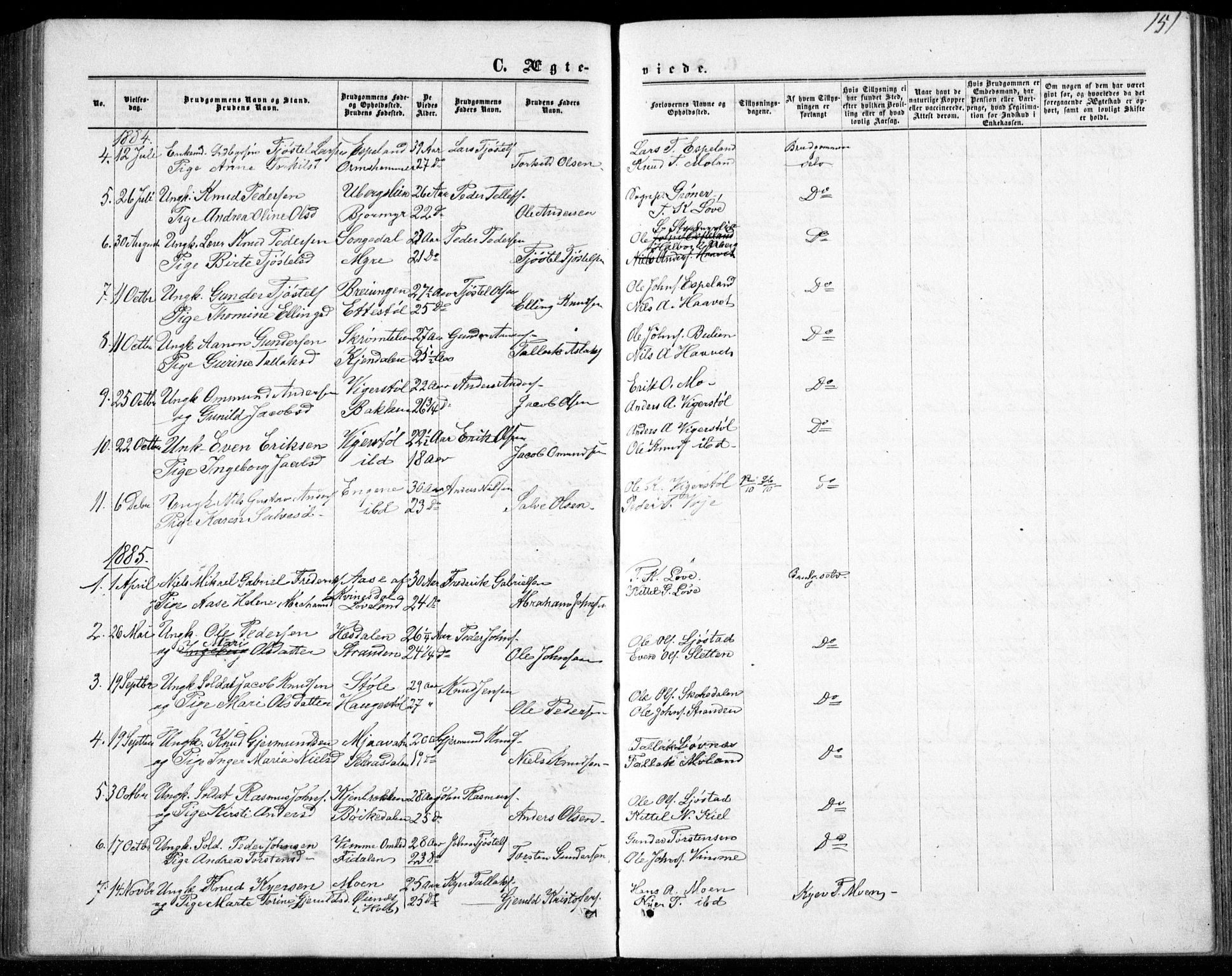 Gjerstad sokneprestkontor, SAK/1111-0014/F/Fb/Fbb/L0003: Klokkerbok nr. B 3, 1862-1889, s. 151