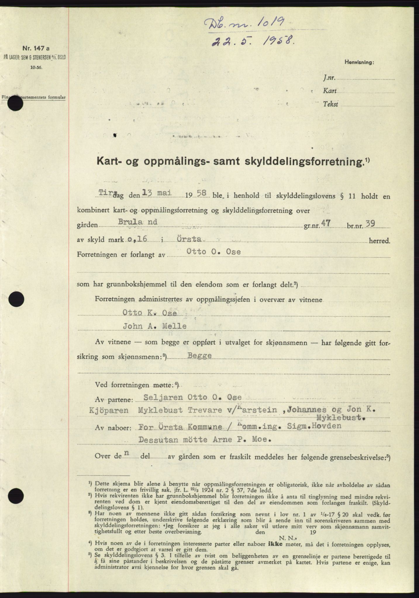 Søre Sunnmøre sorenskriveri, SAT/A-4122/1/2/2C/L0109: Pantebok nr. 35A, 1958-1958, Dagboknr: 1019/1958
