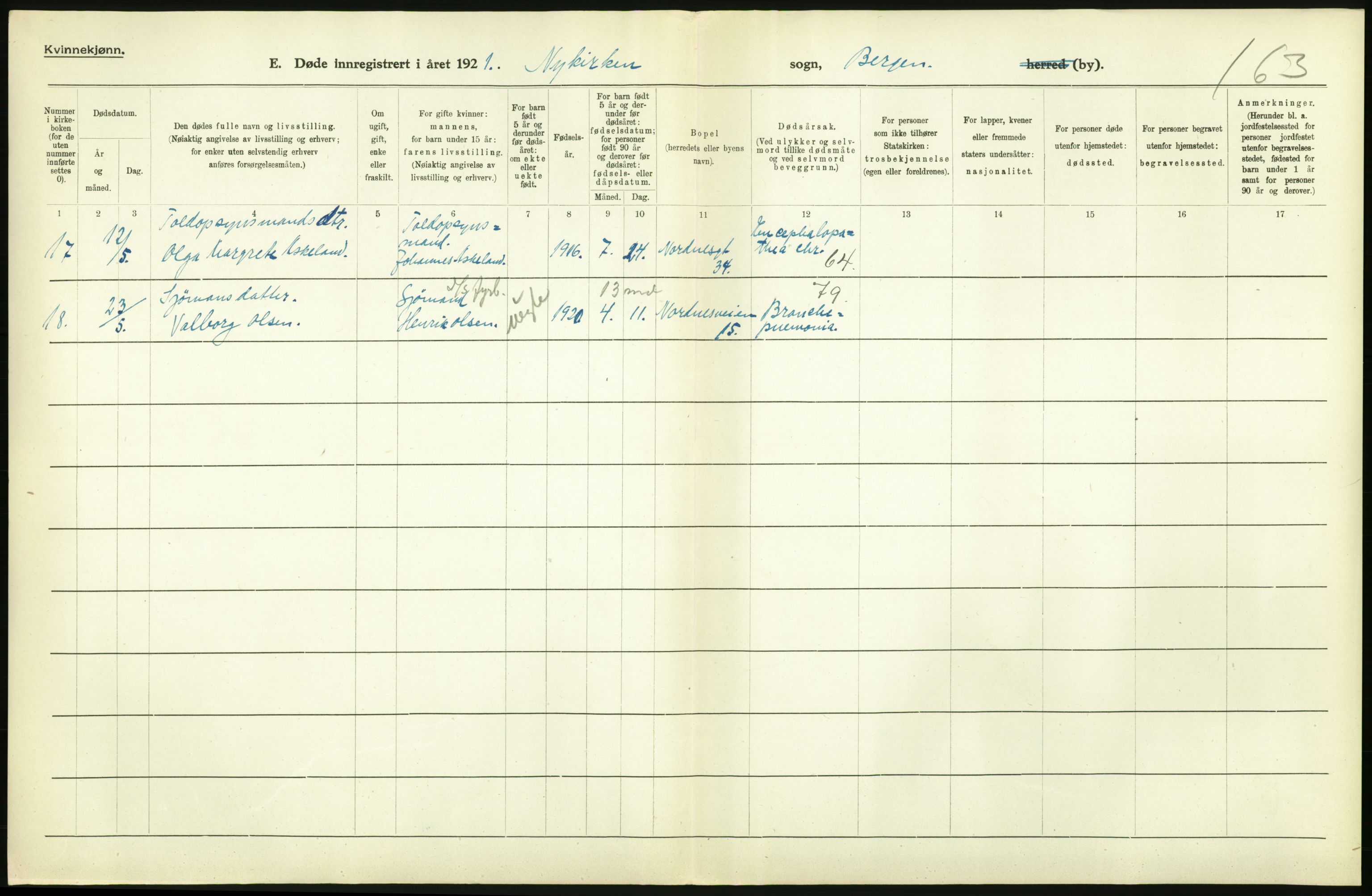 Statistisk sentralbyrå, Sosiodemografiske emner, Befolkning, RA/S-2228/D/Df/Dfc/Dfca/L0036: Bergen: Døde., 1921, s. 276