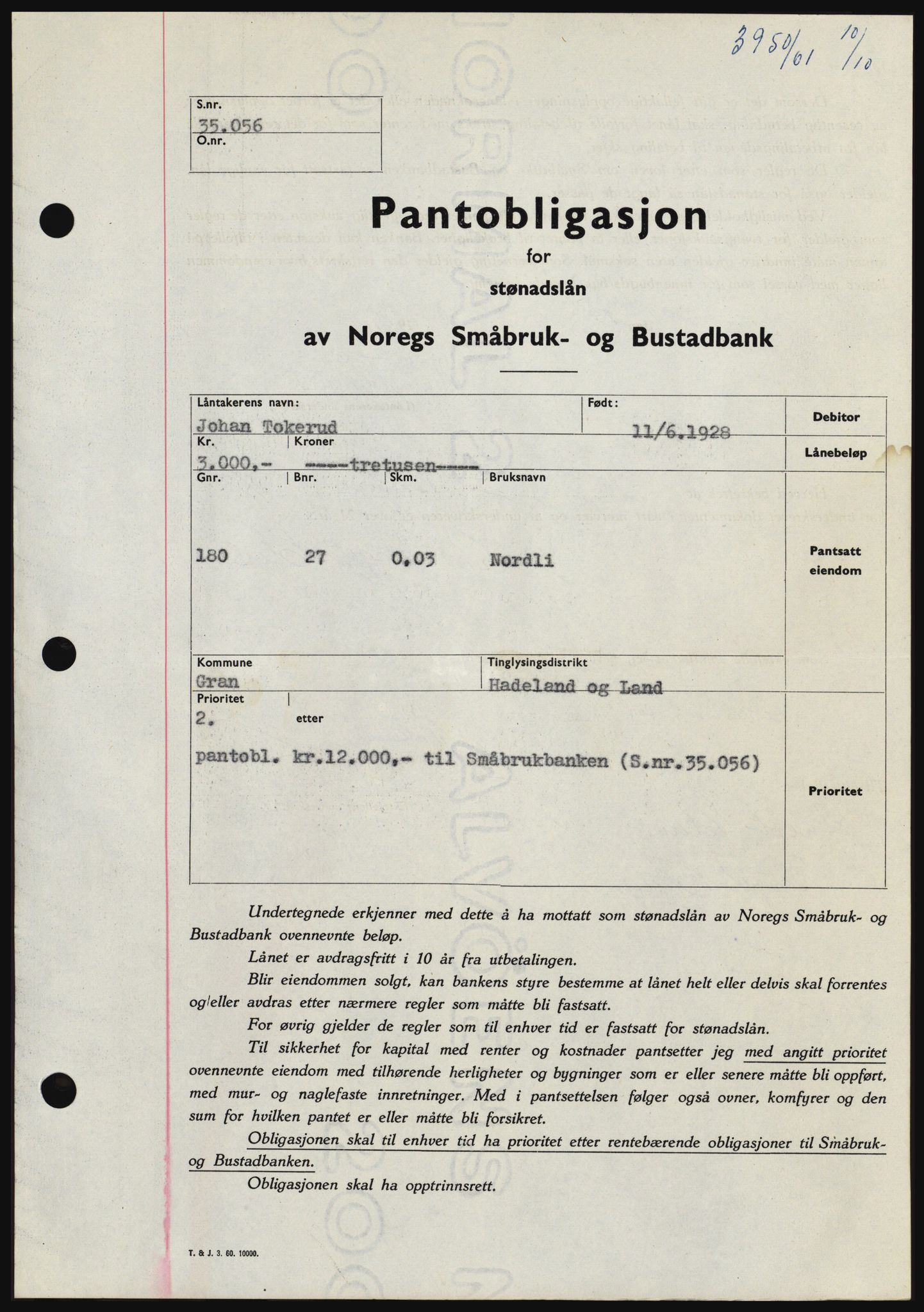 Hadeland og Land tingrett, SAH/TING-010/H/Hb/Hbc/L0047: Pantebok nr. B47, 1961-1962, Dagboknr: 3950/1961