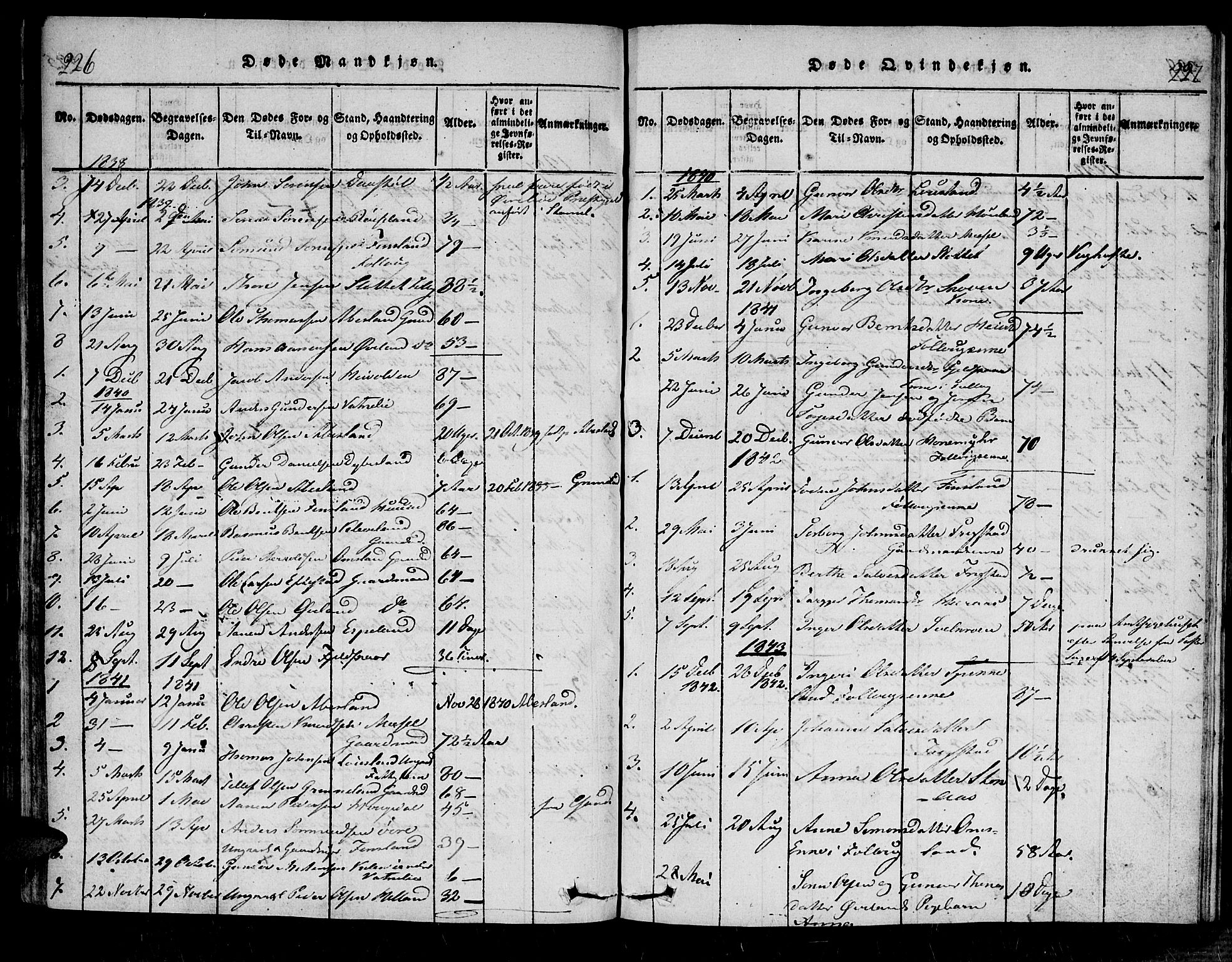 Bjelland sokneprestkontor, SAK/1111-0005/F/Fa/Fab/L0002: Ministerialbok nr. A 2, 1816-1869, s. 226-227