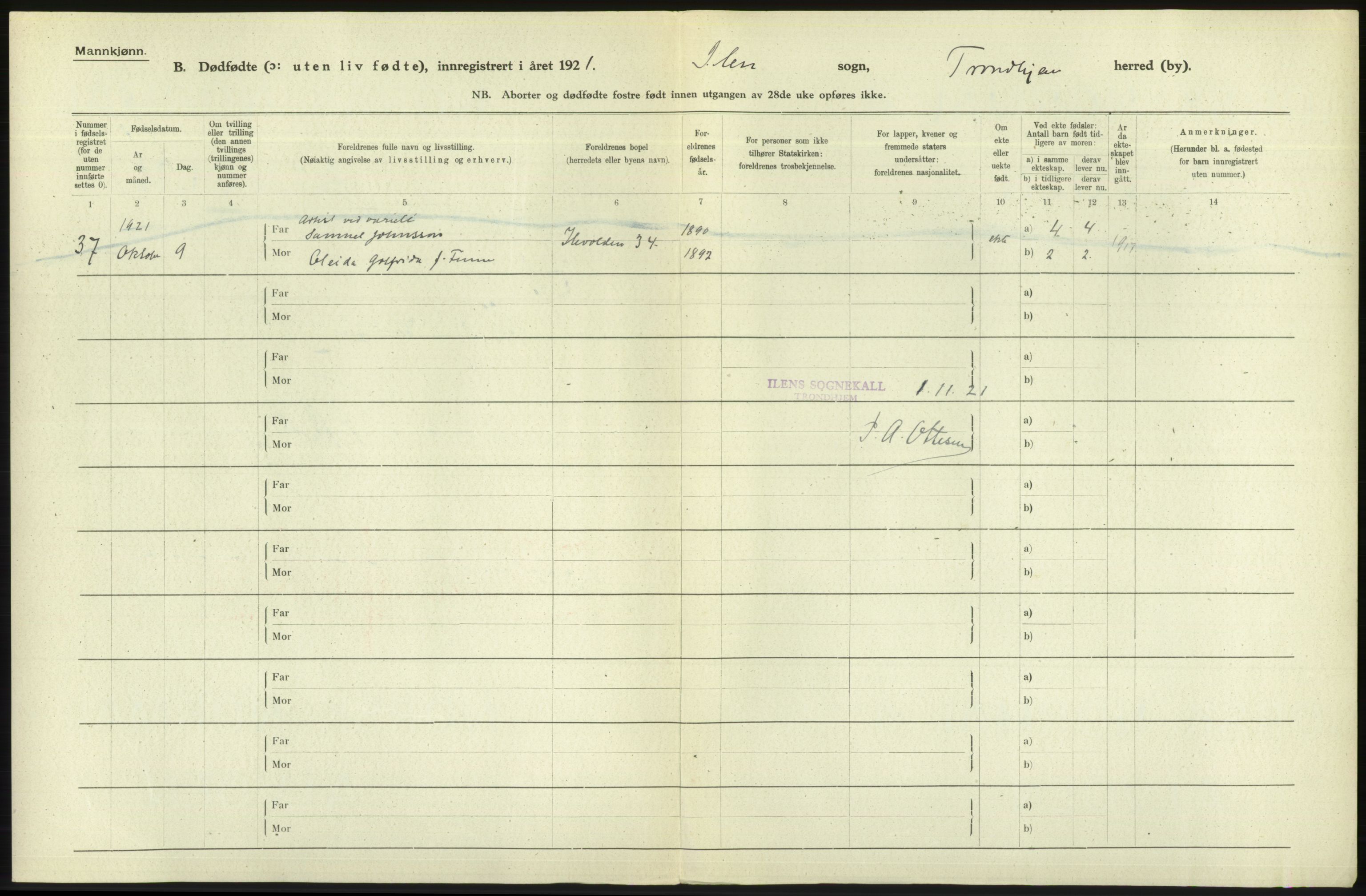 Statistisk sentralbyrå, Sosiodemografiske emner, Befolkning, AV/RA-S-2228/D/Df/Dfc/Dfca/L0046: Trondheim: Døde, dødfødte., 1921, s. 292