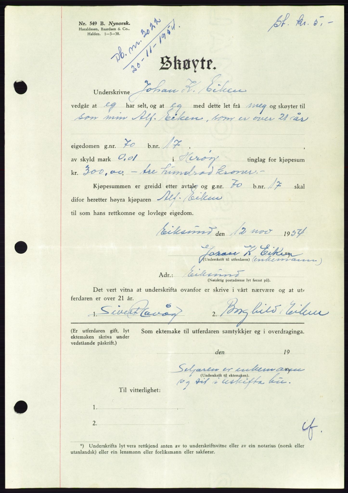 Søre Sunnmøre sorenskriveri, AV/SAT-A-4122/1/2/2C/L0099: Pantebok nr. 25A, 1954-1954, Dagboknr: 3022/1954