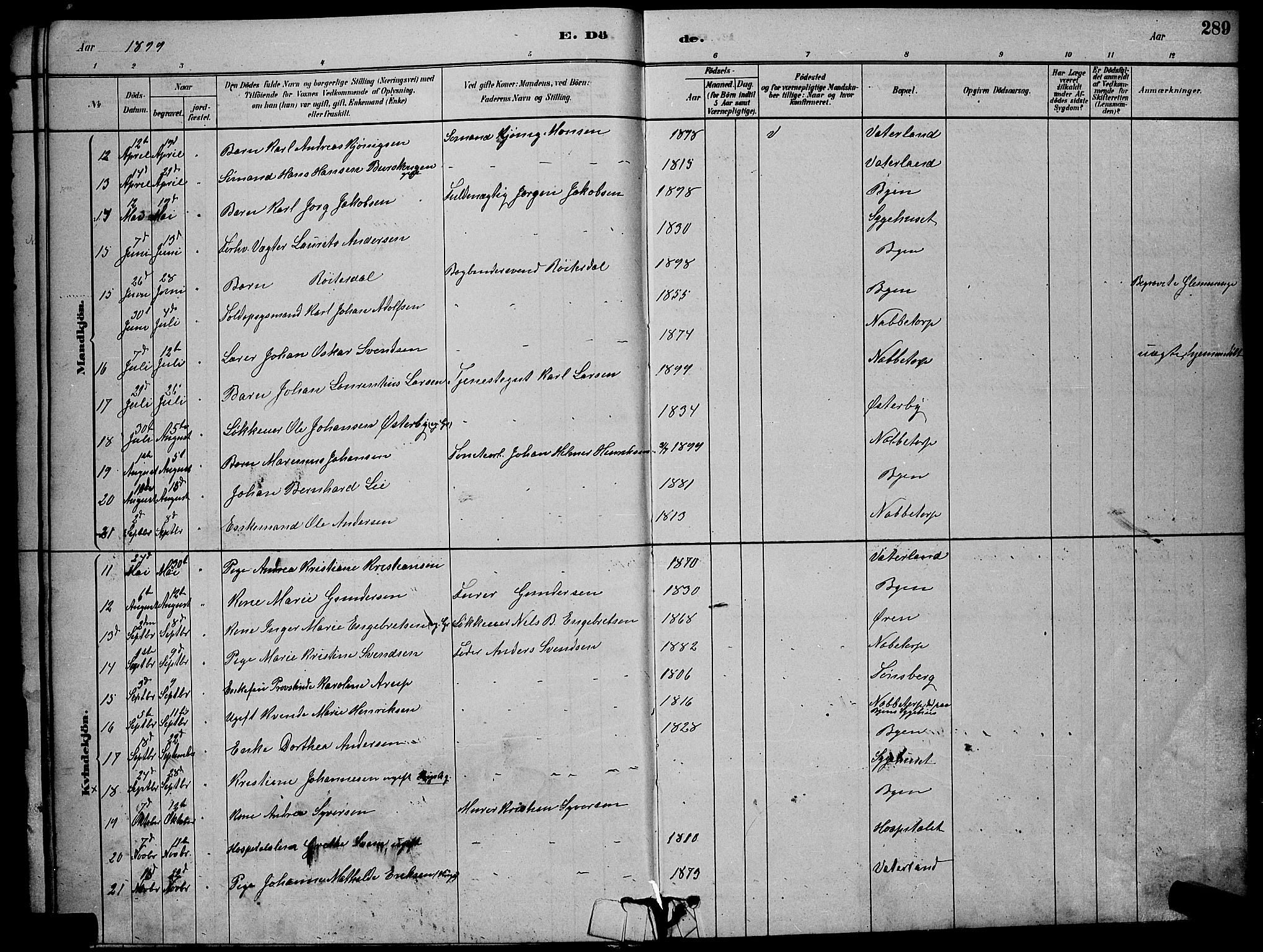 Østre Fredrikstad prestekontor Kirkebøker, AV/SAO-A-10907/G/Ga/L0001: Klokkerbok nr. 1, 1880-1899, s. 289