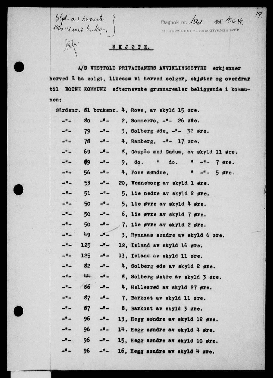 Holmestrand sorenskriveri, SAKO/A-67/G/Ga/Gaa/L0054: Pantebok nr. A-54, 1941-1942, Dagboknr: 1561/1941