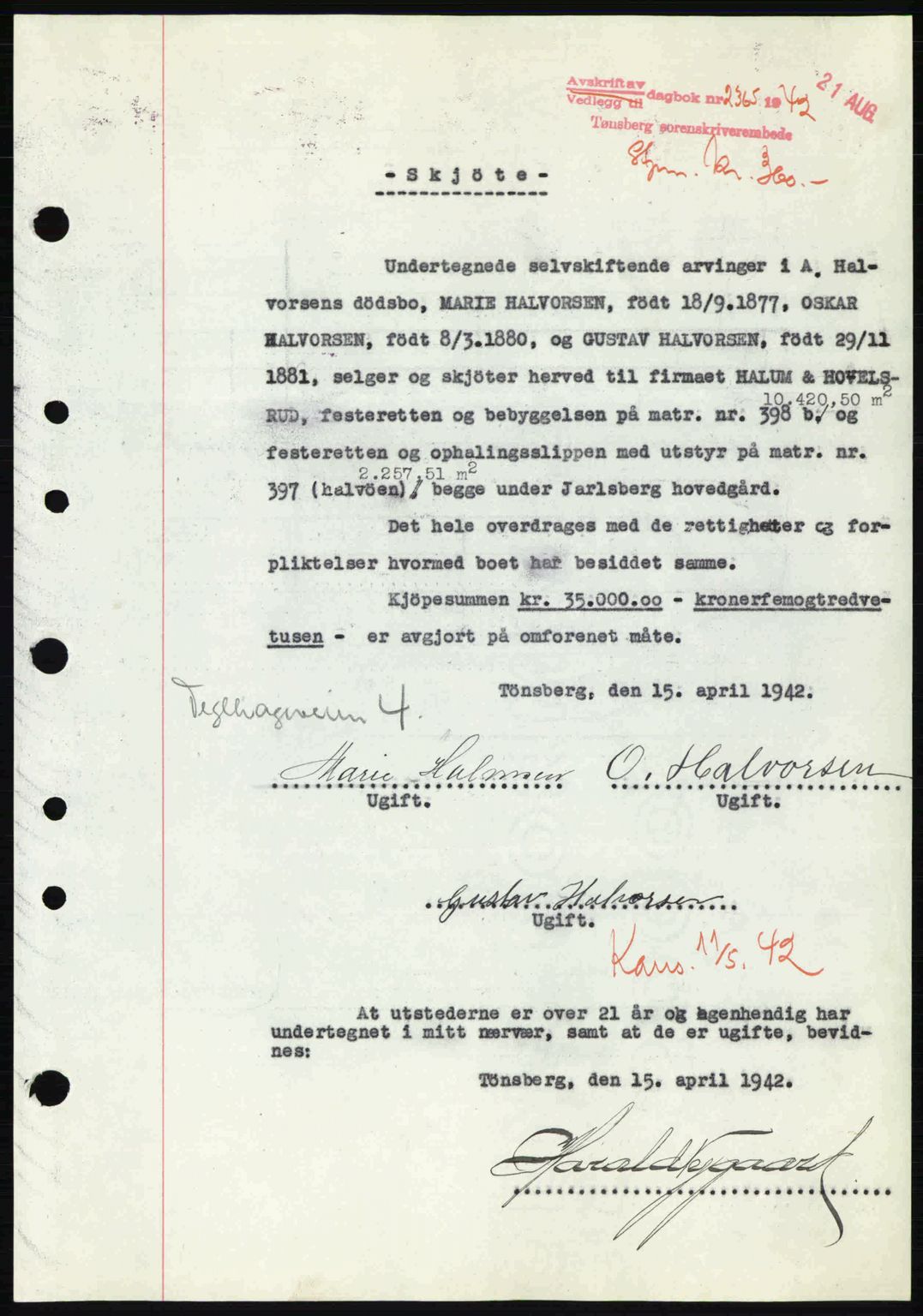 Tønsberg sorenskriveri, AV/SAKO-A-130/G/Ga/Gaa/L0012: Pantebok nr. A12, 1942-1943, Dagboknr: 2365/1942