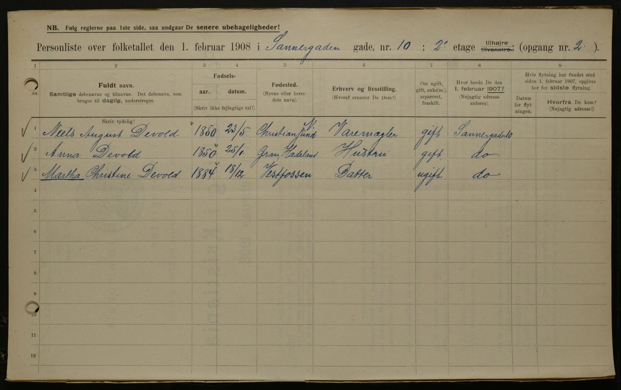 OBA, Kommunal folketelling 1.2.1908 for Kristiania kjøpstad, 1908, s. 79820