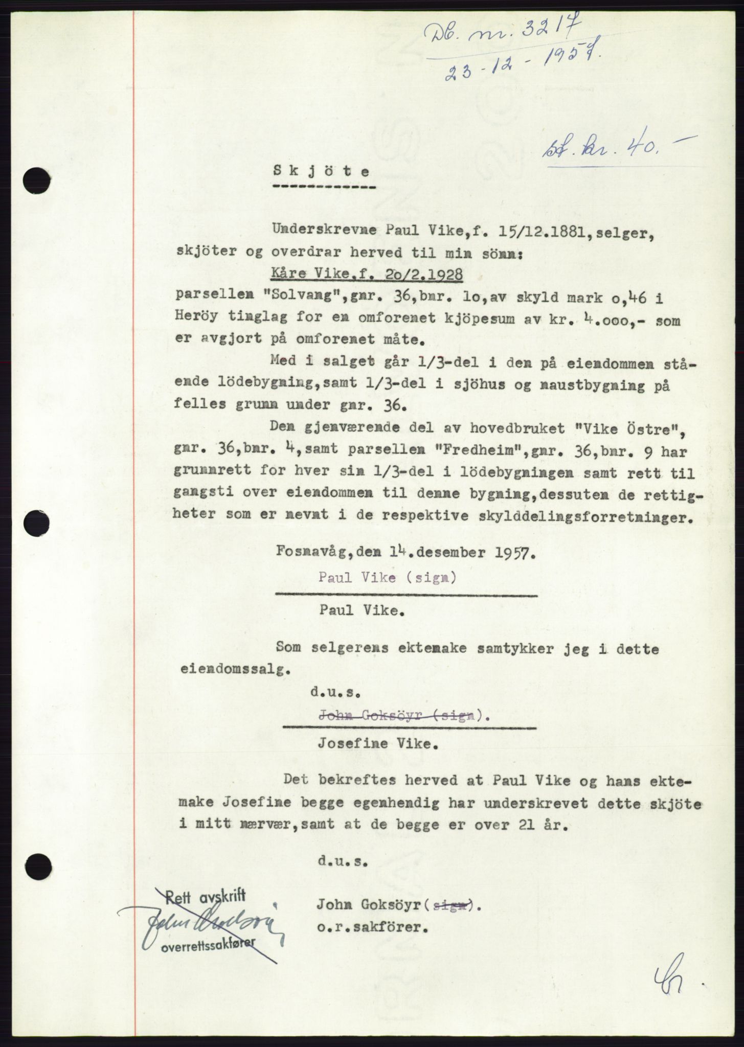 Søre Sunnmøre sorenskriveri, SAT/A-4122/1/2/2C/L0108: Pantebok nr. 34A, 1957-1958, Dagboknr: 3217/1957