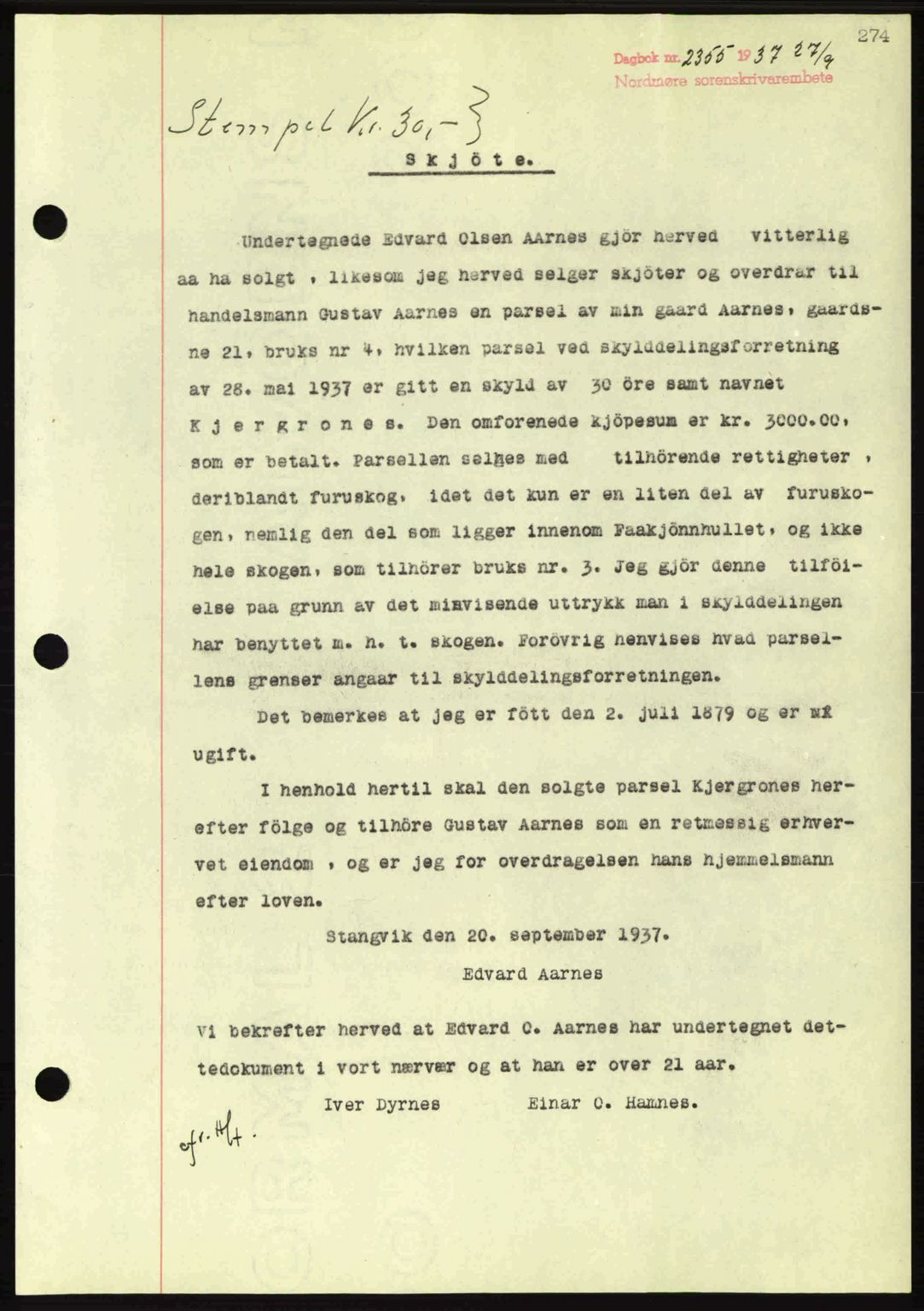Nordmøre sorenskriveri, SAT/A-4132/1/2/2Ca: Pantebok nr. A82, 1937-1938, Dagboknr: 2355/1937
