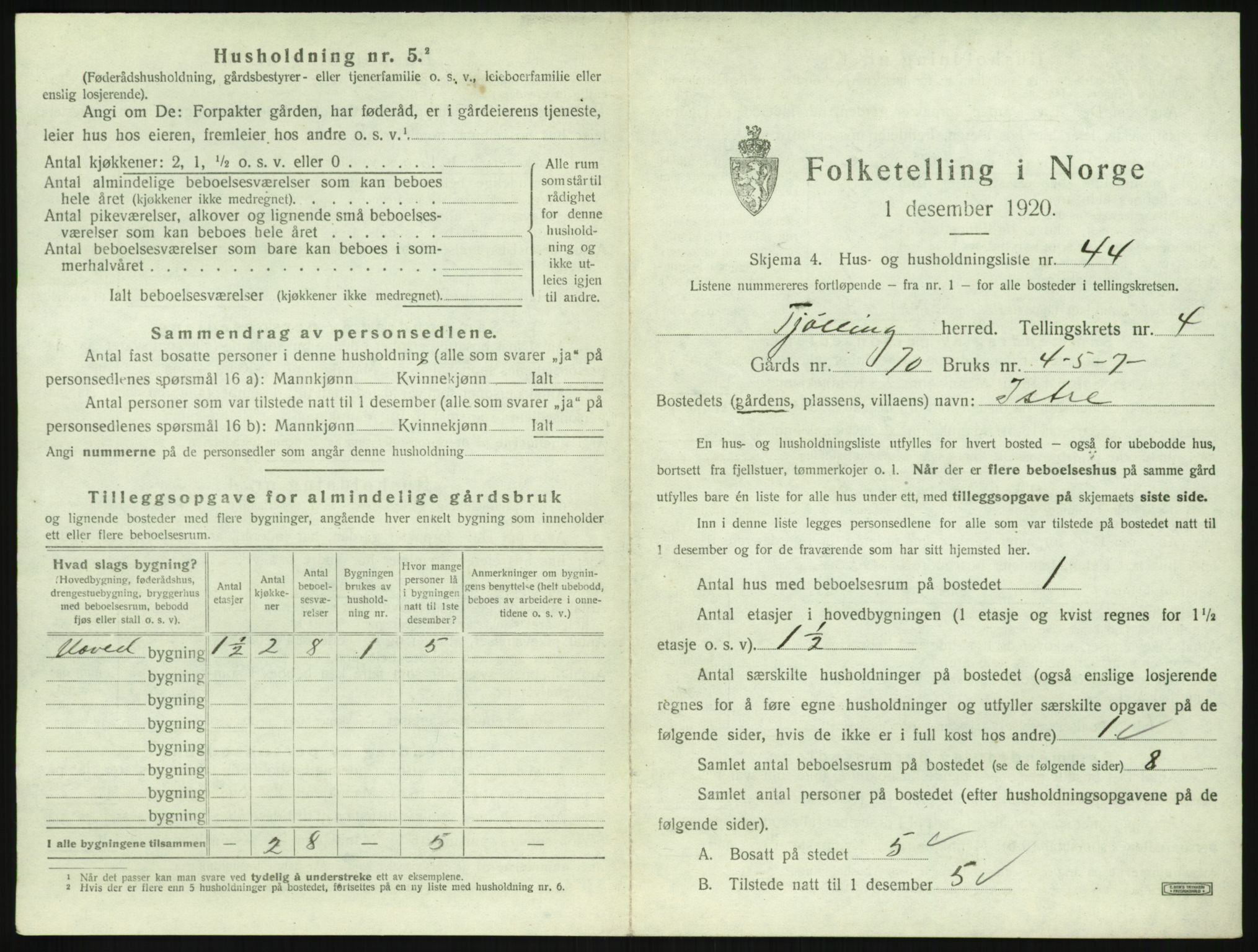SAKO, Folketelling 1920 for 0725 Tjølling herred, 1920, s. 1161