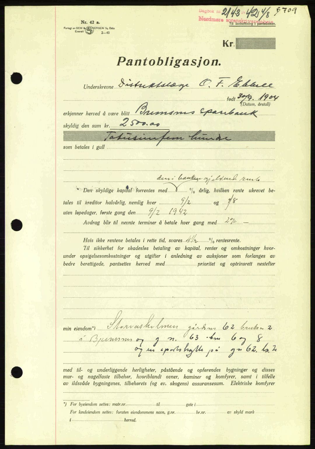 Nordmøre sorenskriveri, AV/SAT-A-4132/1/2/2Ca: Pantebok nr. B89, 1942-1942, Dagboknr: 2143/1942