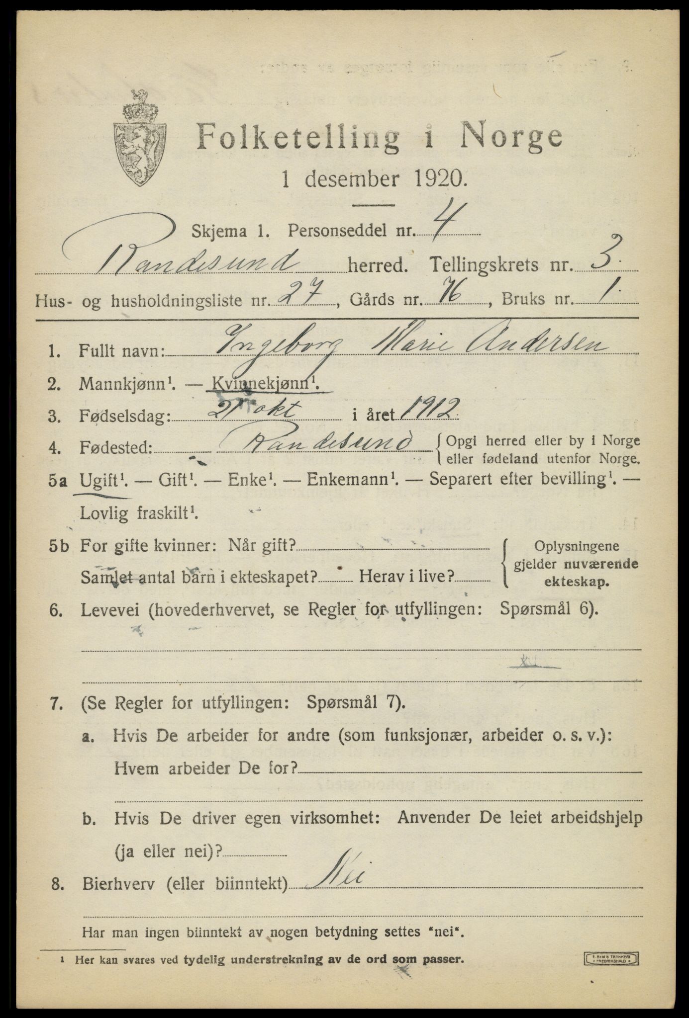 SAK, Folketelling 1920 for 1011 Randesund herred, 1920, s. 1764