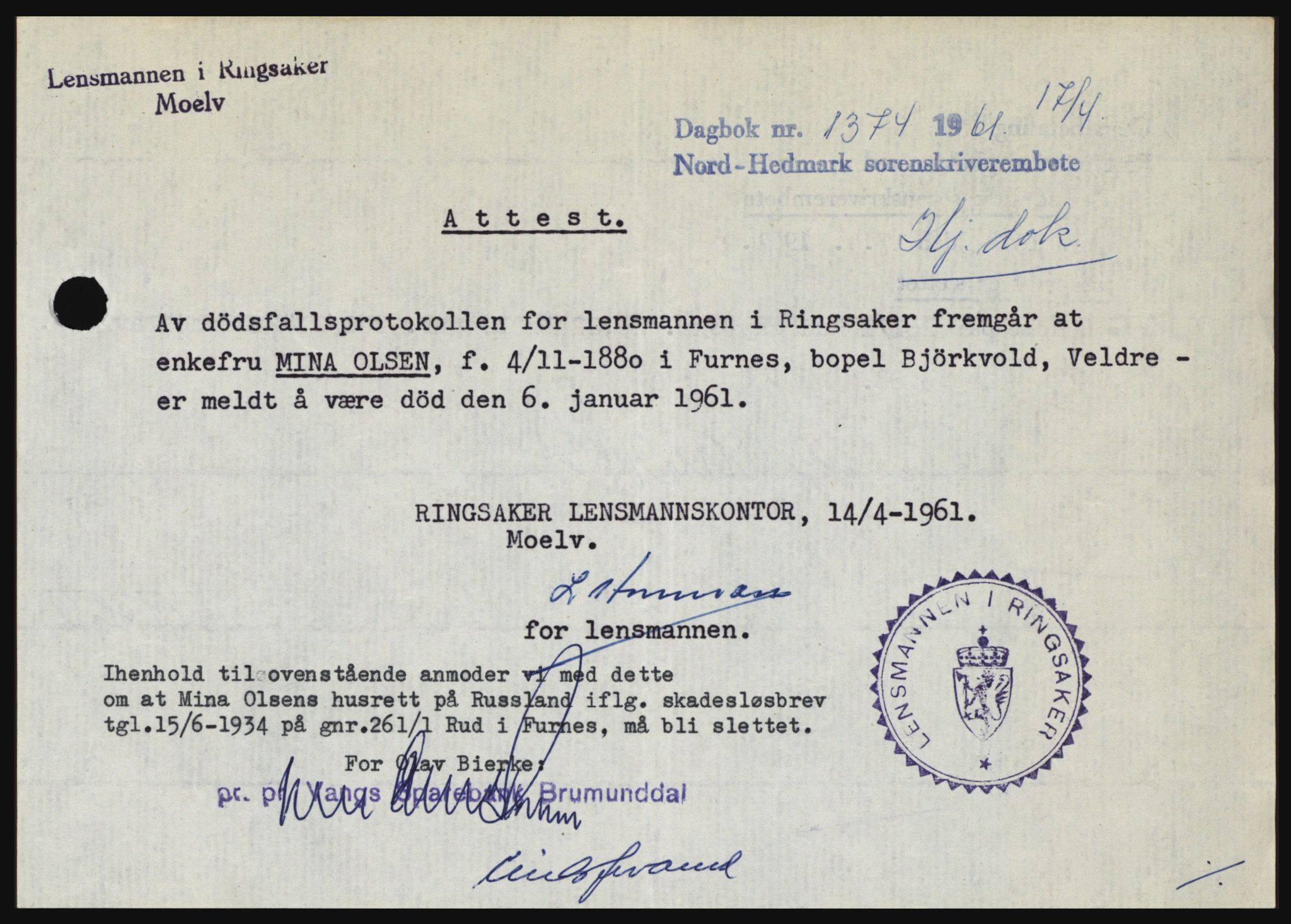 Nord-Hedmark sorenskriveri, SAH/TING-012/H/Hc/L0015: Pantebok nr. 15, 1961-1961, Dagboknr: 1374/1961