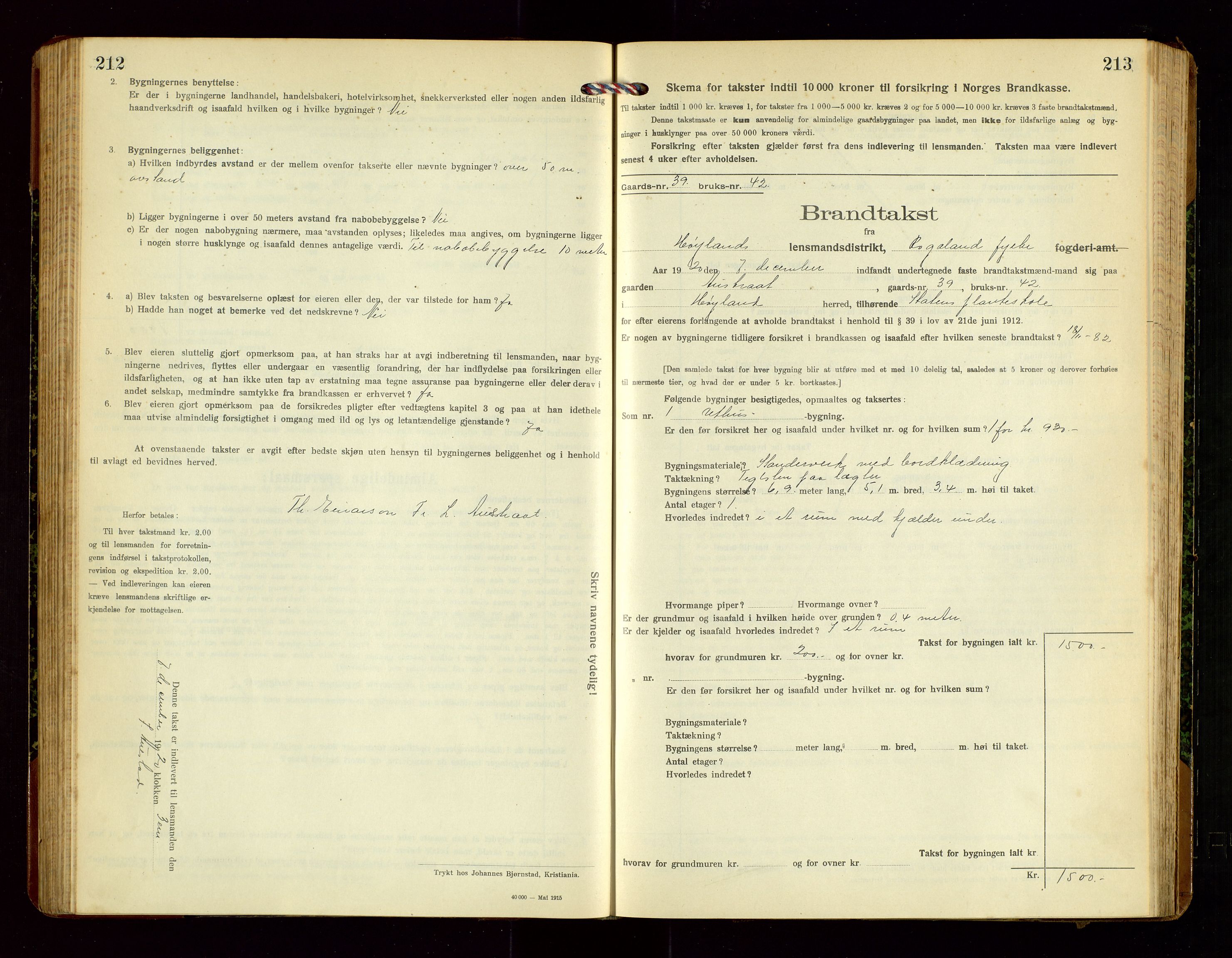 Høyland/Sandnes lensmannskontor, SAST/A-100166/Gob/L0003: "Brandtakstprotokol", 1918-1924, s. 212-213