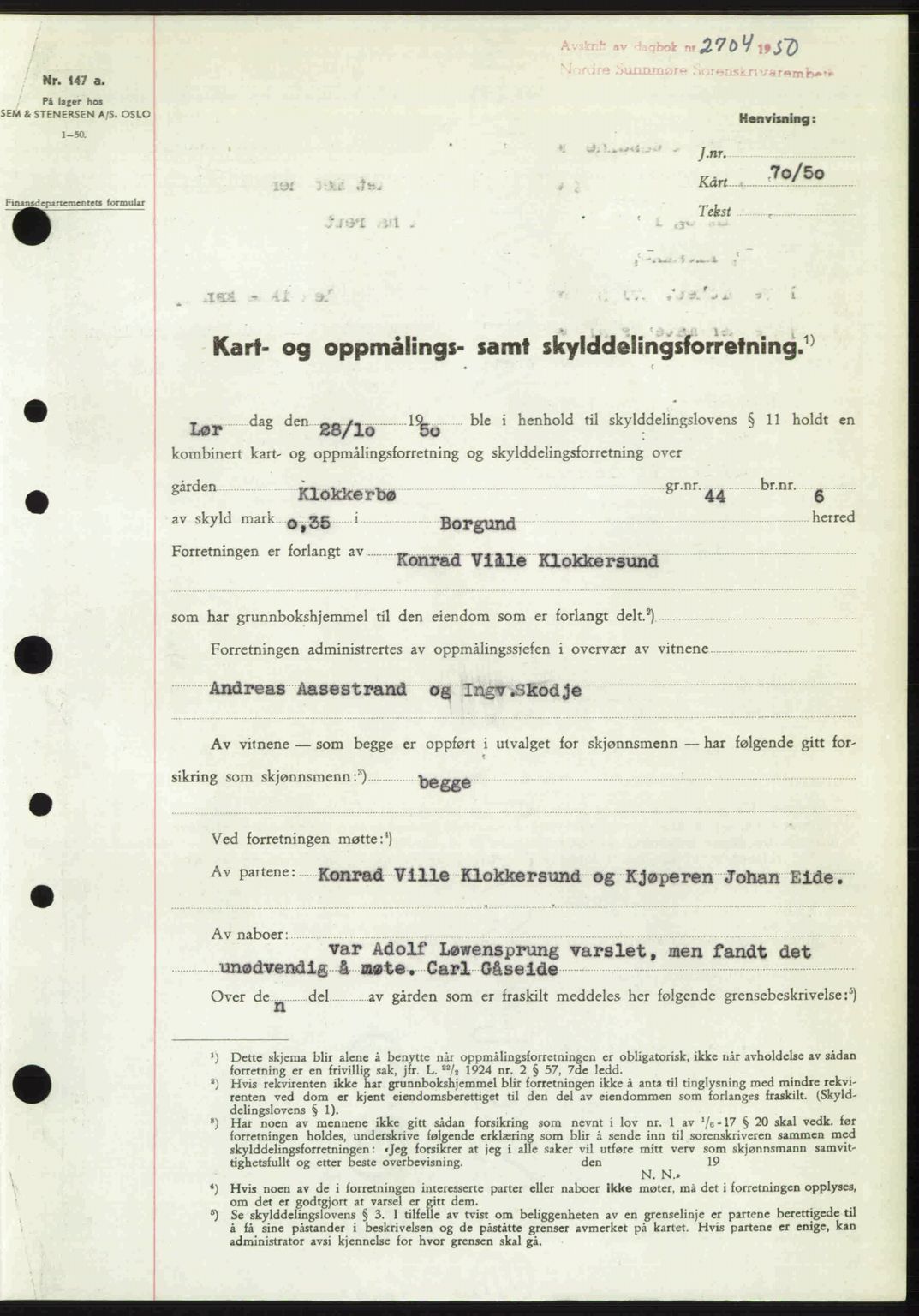 Nordre Sunnmøre sorenskriveri, SAT/A-0006/1/2/2C/2Ca: Pantebok nr. A36, 1950-1950, Dagboknr: 2704/1950