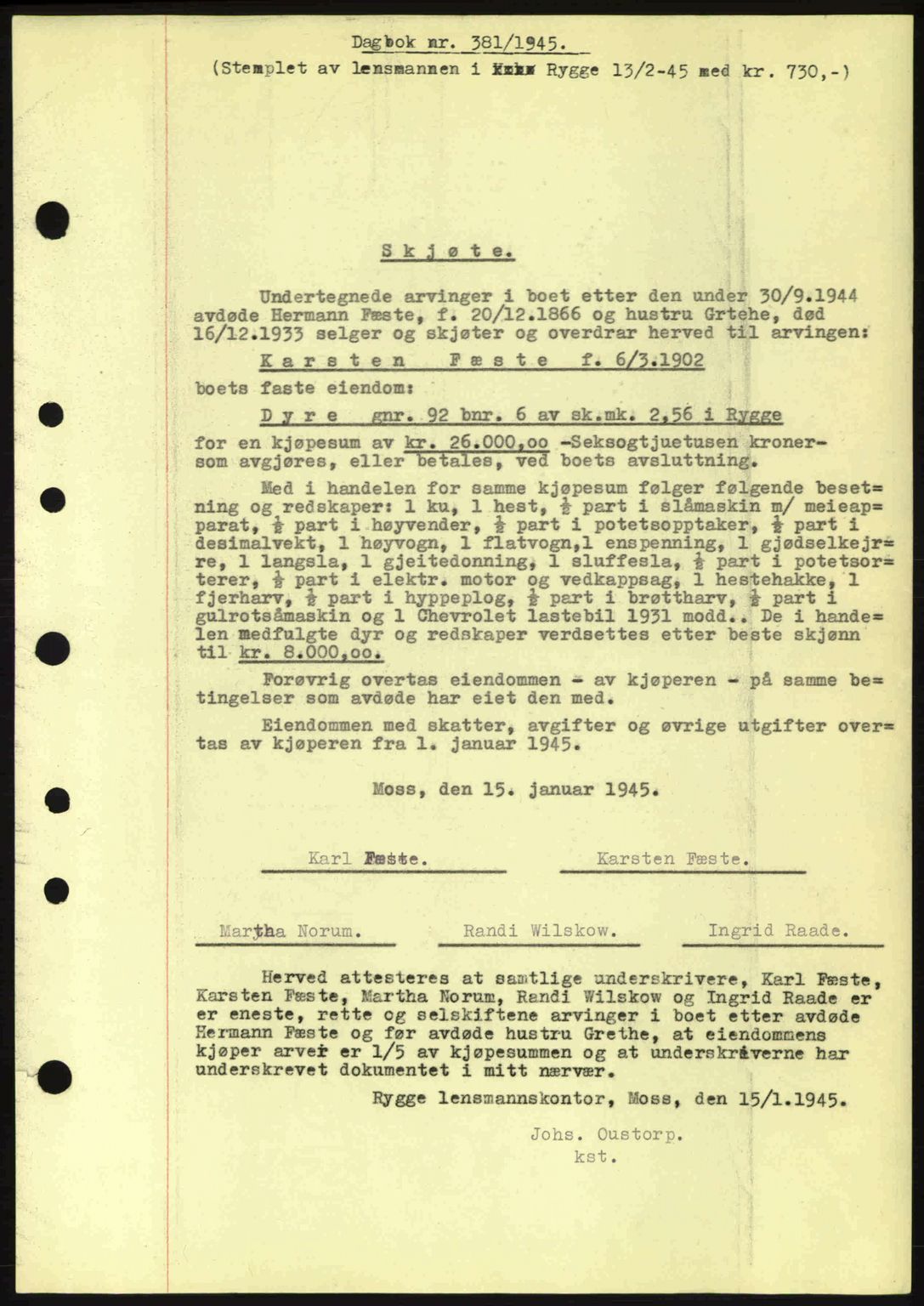 Moss sorenskriveri, SAO/A-10168: Pantebok nr. A13, 1944-1945, Dagboknr: 381/1945