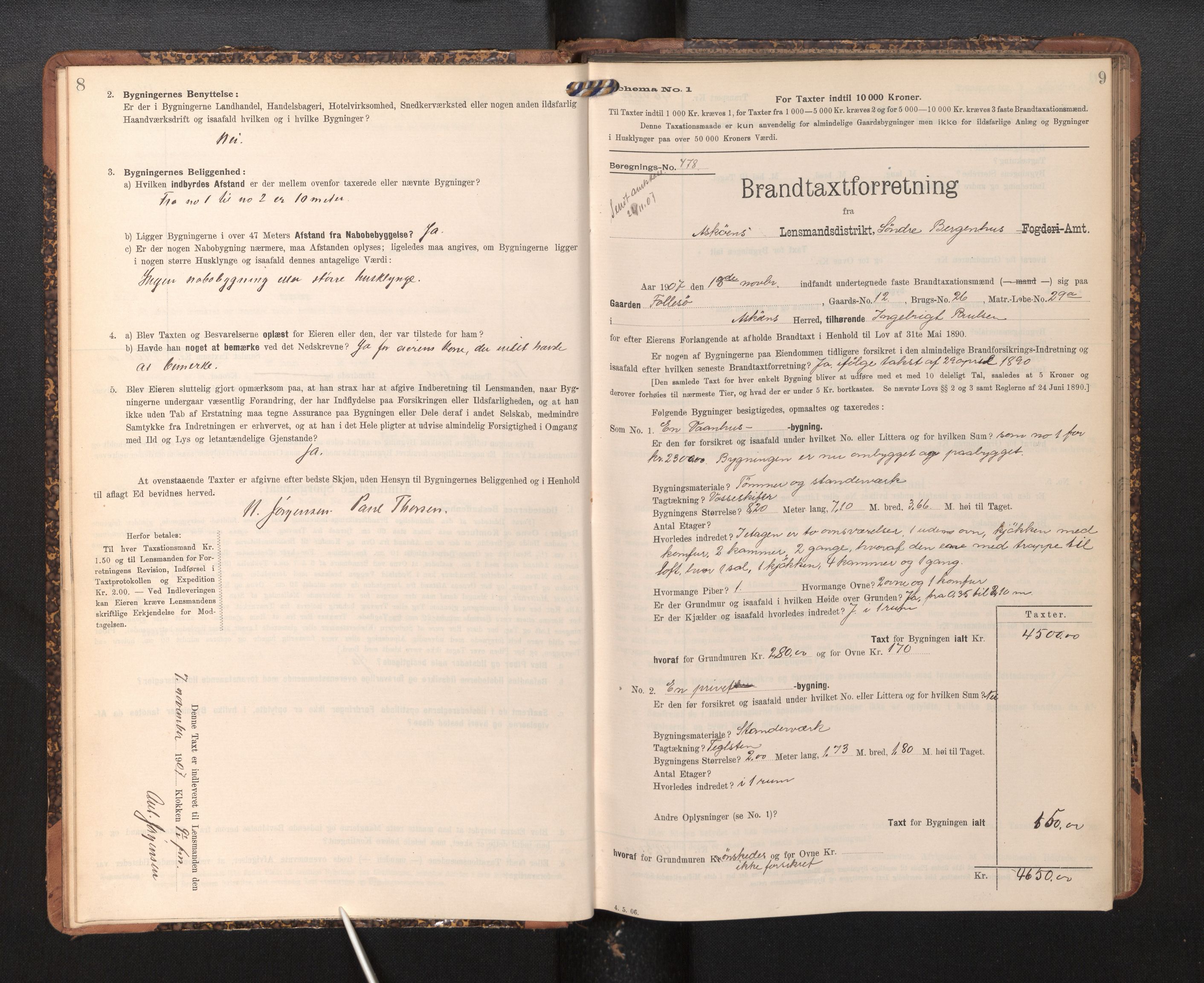 Lensmannen i Askøy, AV/SAB-A-31001/0012/L0005: Branntakstprotokoll, skjematakst, 1907-1915, s. 8-9