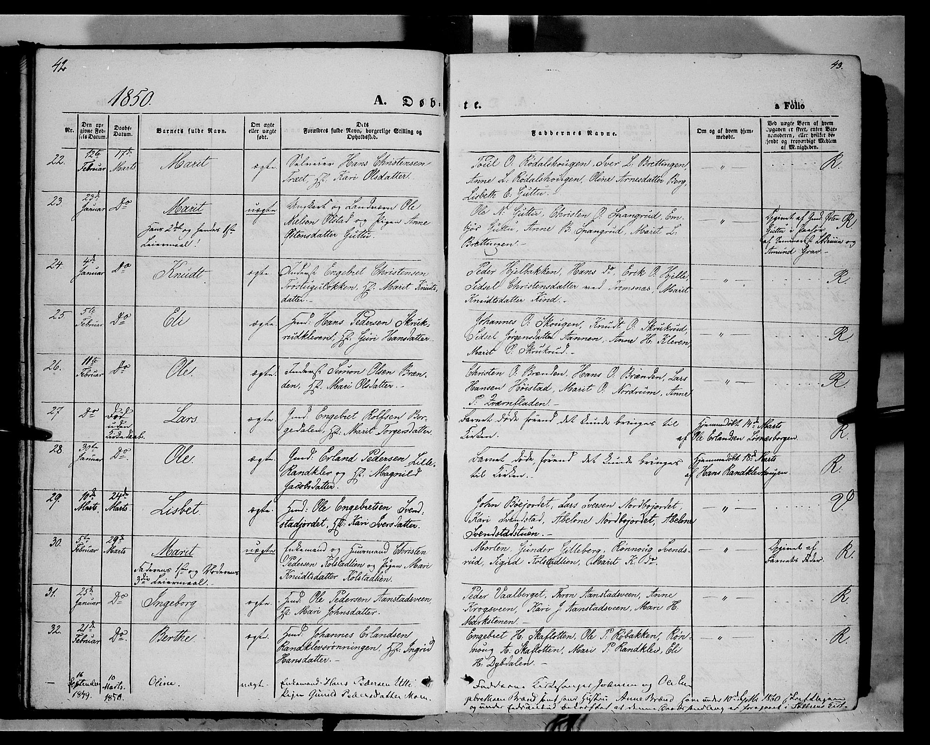 Ringebu prestekontor, AV/SAH-PREST-082/H/Ha/Haa/L0006: Ministerialbok nr. 6, 1848-1859, s. 42-43