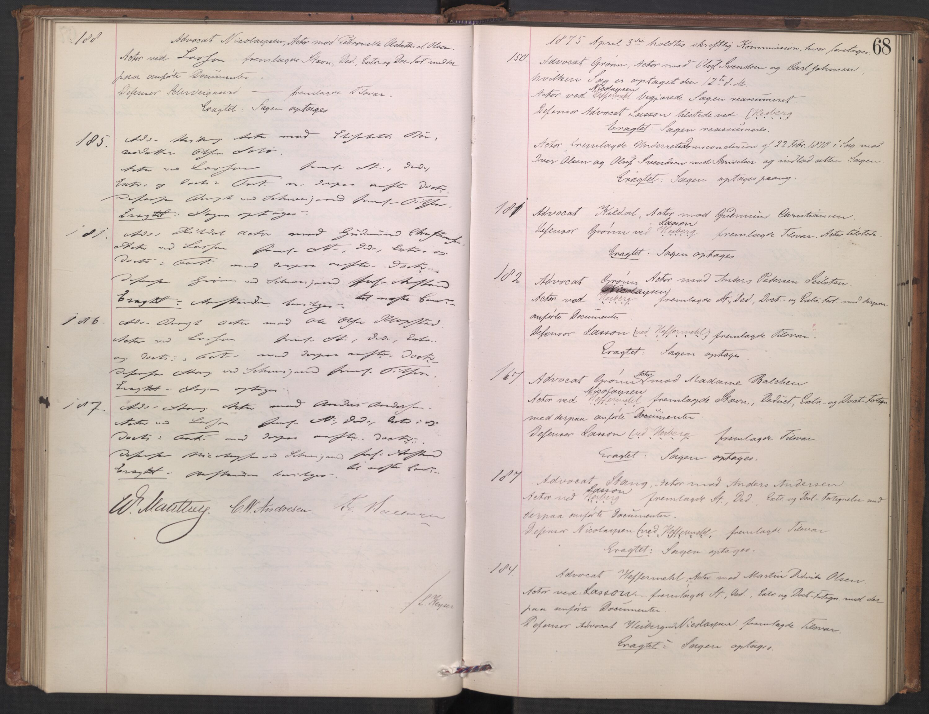 Høyesterett, AV/RA-S-1002/E/Ef/L0013: Protokoll over saker som gikk til skriftlig behandling, 1873-1879, s. 67b-68a