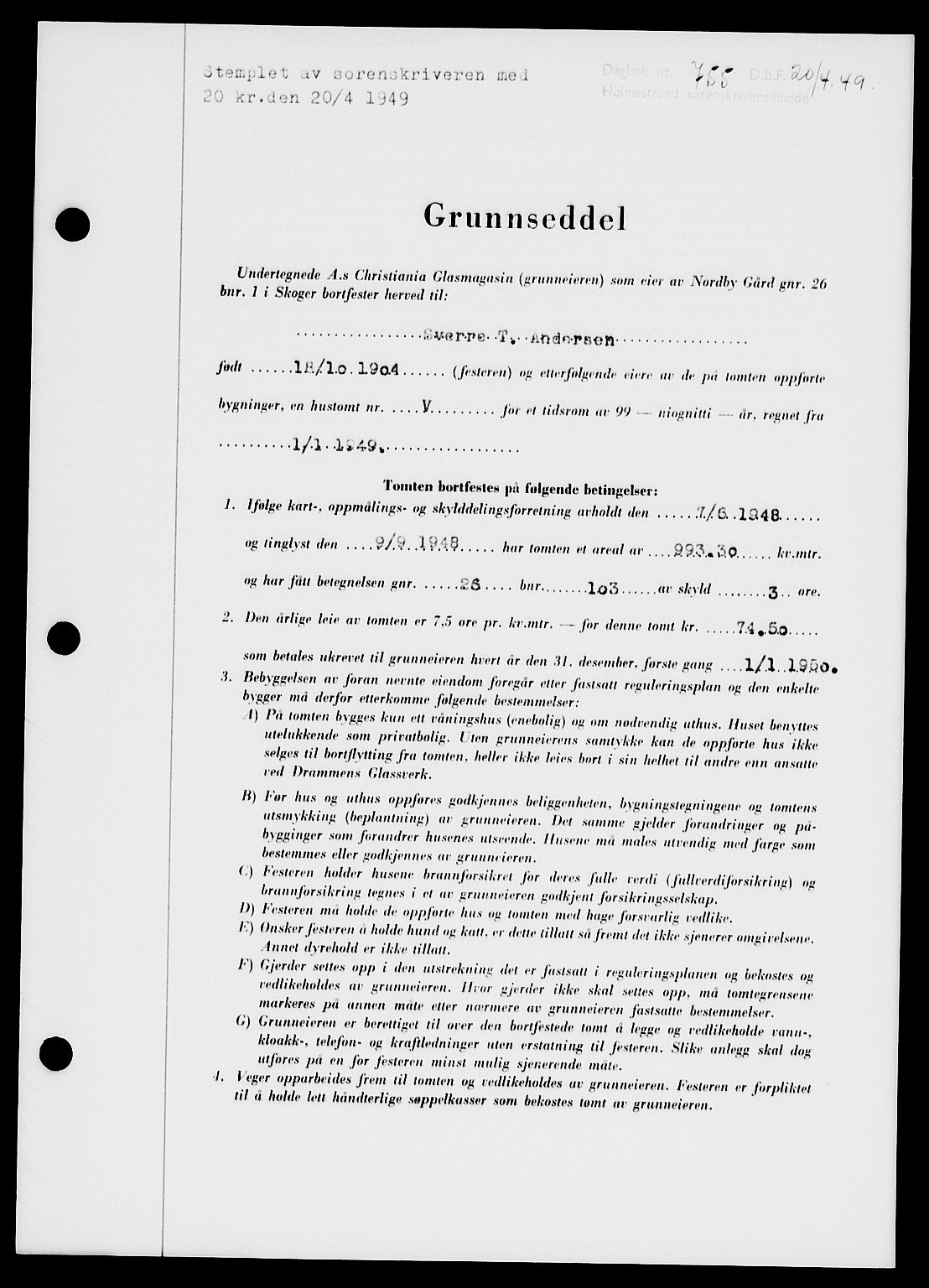 Holmestrand sorenskriveri, SAKO/A-67/G/Ga/Gaa/L0066: Pantebok nr. A-66, 1949-1949, Dagboknr: 755/1949