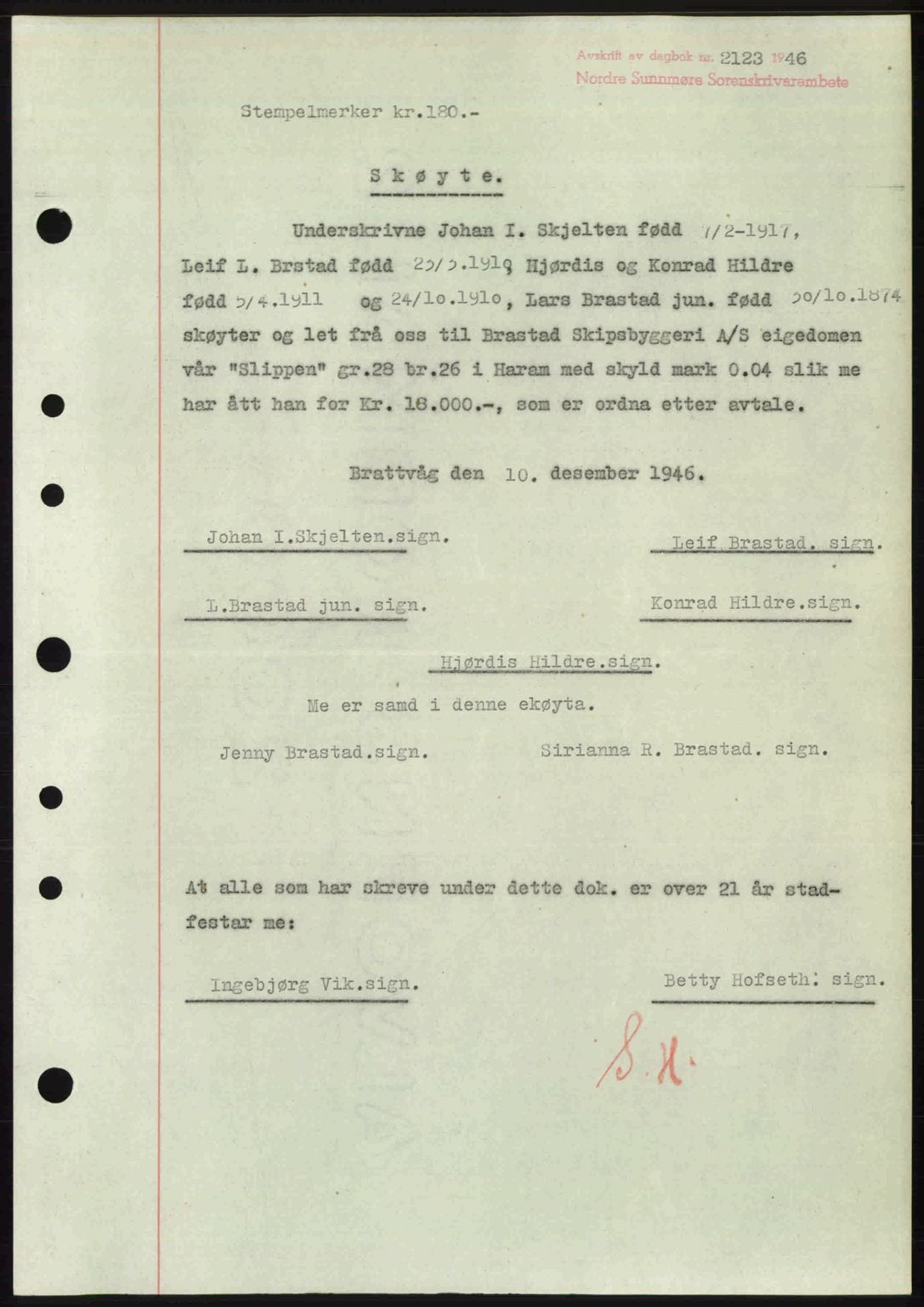 Nordre Sunnmøre sorenskriveri, AV/SAT-A-0006/1/2/2C/2Ca: Pantebok nr. A23, 1946-1947, Dagboknr: 2123/1946