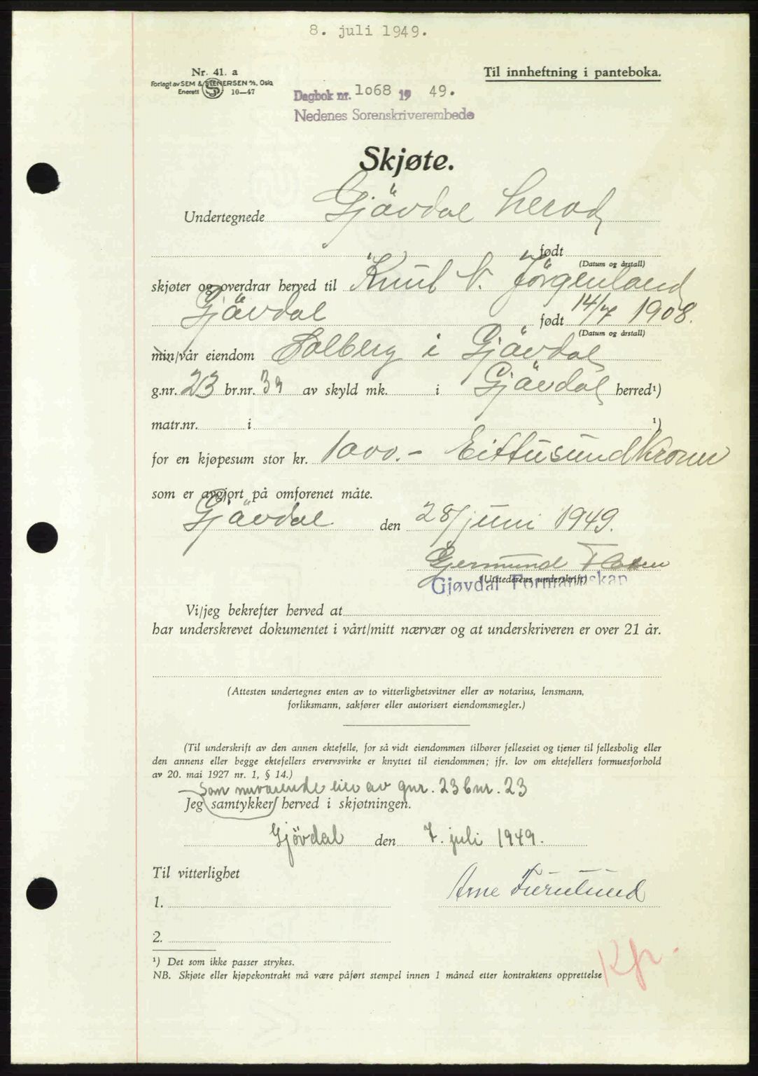 Nedenes sorenskriveri, AV/SAK-1221-0006/G/Gb/Gba/L0061: Pantebok nr. A13, 1949-1949, Dagboknr: 1068/1949