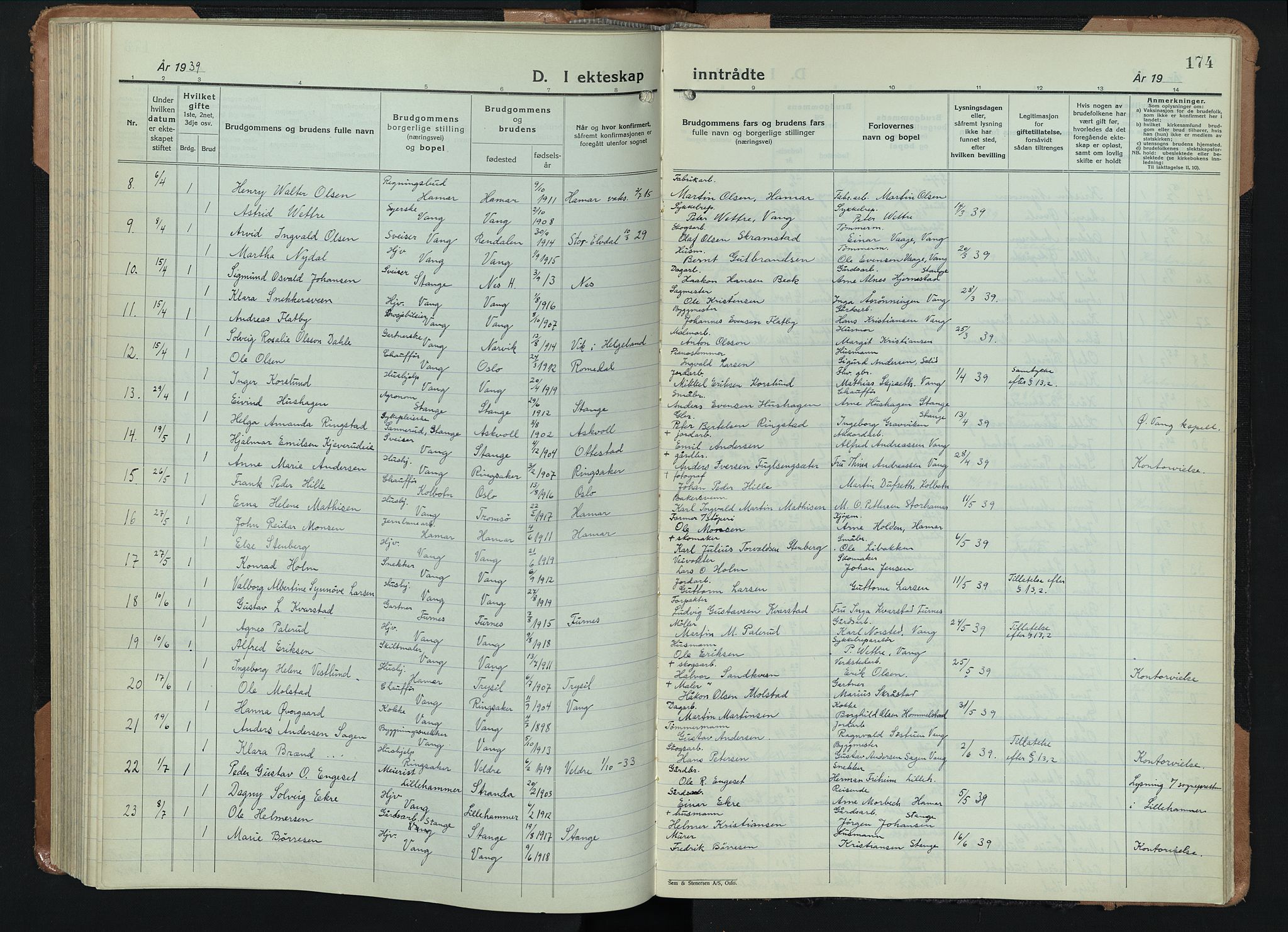 Vang prestekontor, Hedmark, AV/SAH-PREST-008/H/Ha/Hab/L0016: Klokkerbok nr. 16, 1933-1945, s. 174