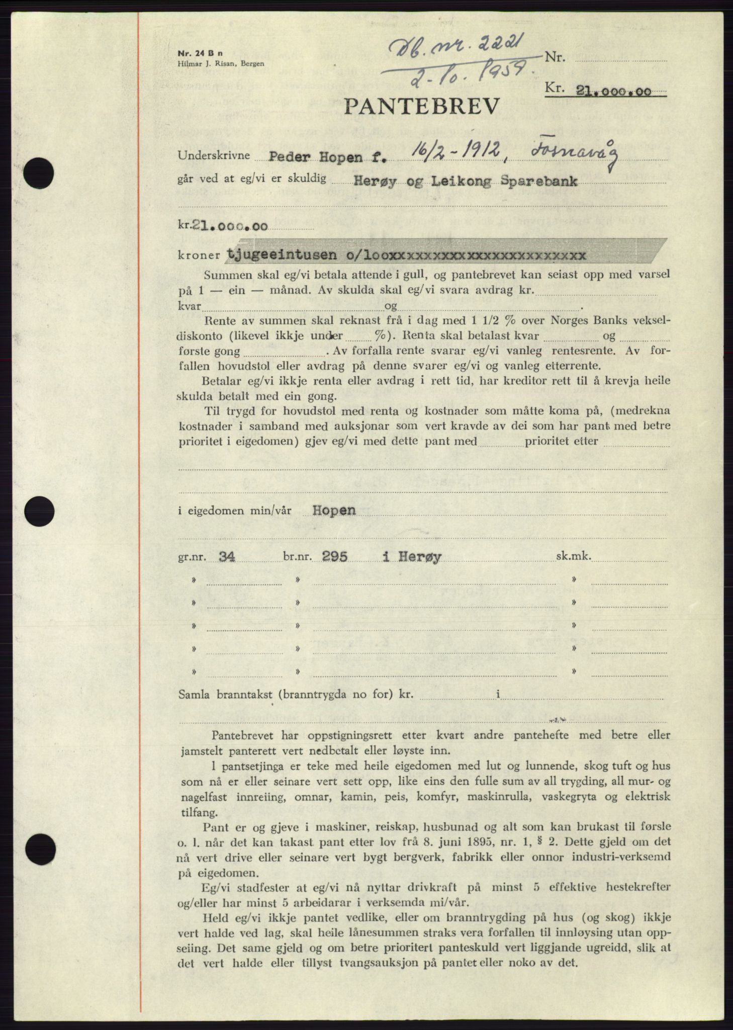 Søre Sunnmøre sorenskriveri, AV/SAT-A-4122/1/2/2C/L0133: Pantebok nr. 21B, 1959-1959, Dagboknr: 2221/1959