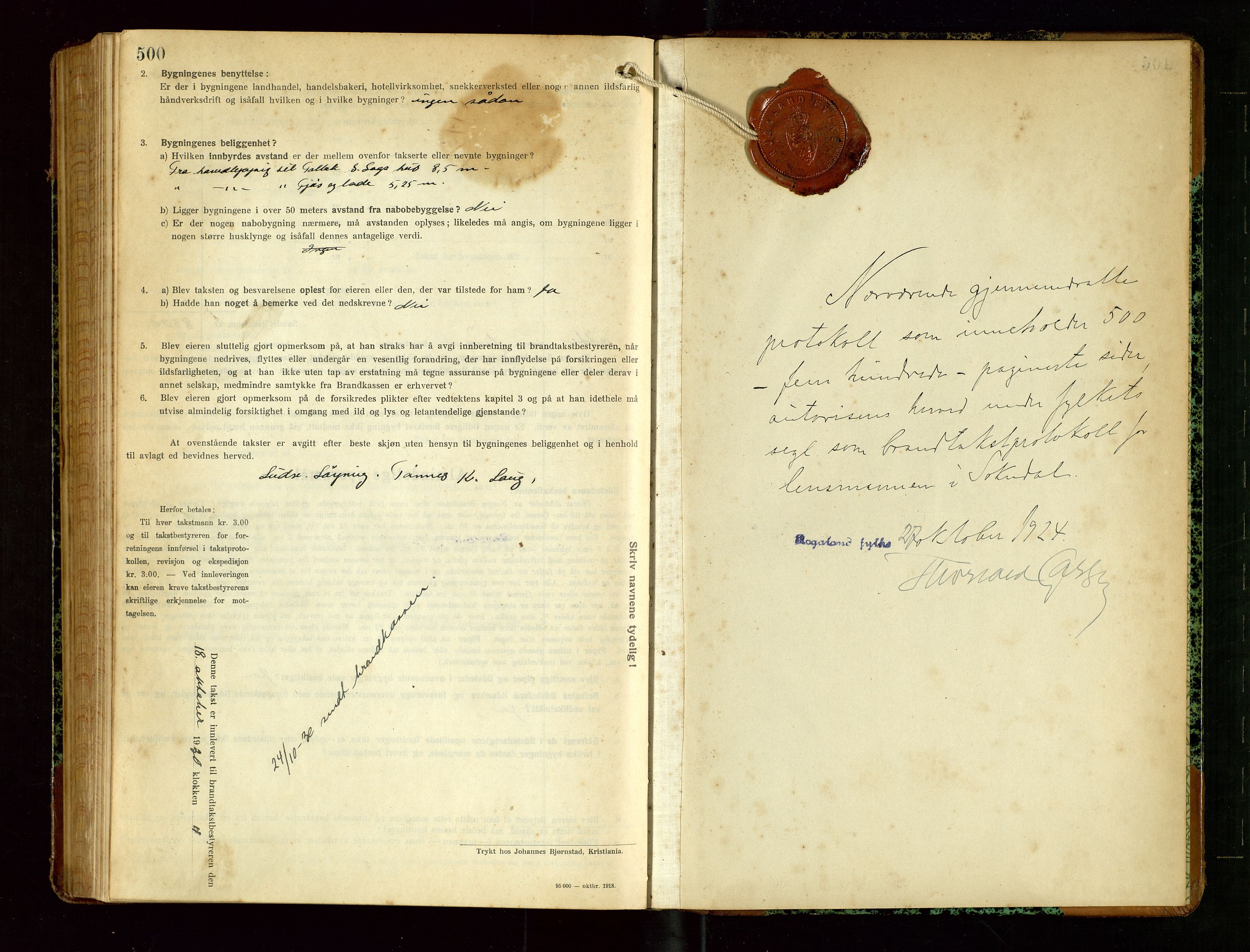 Sokndal lensmannskontor, AV/SAST-A-100417/Gob/L0006: "Brandtakst-Protokol", 1924-1930, s. 500