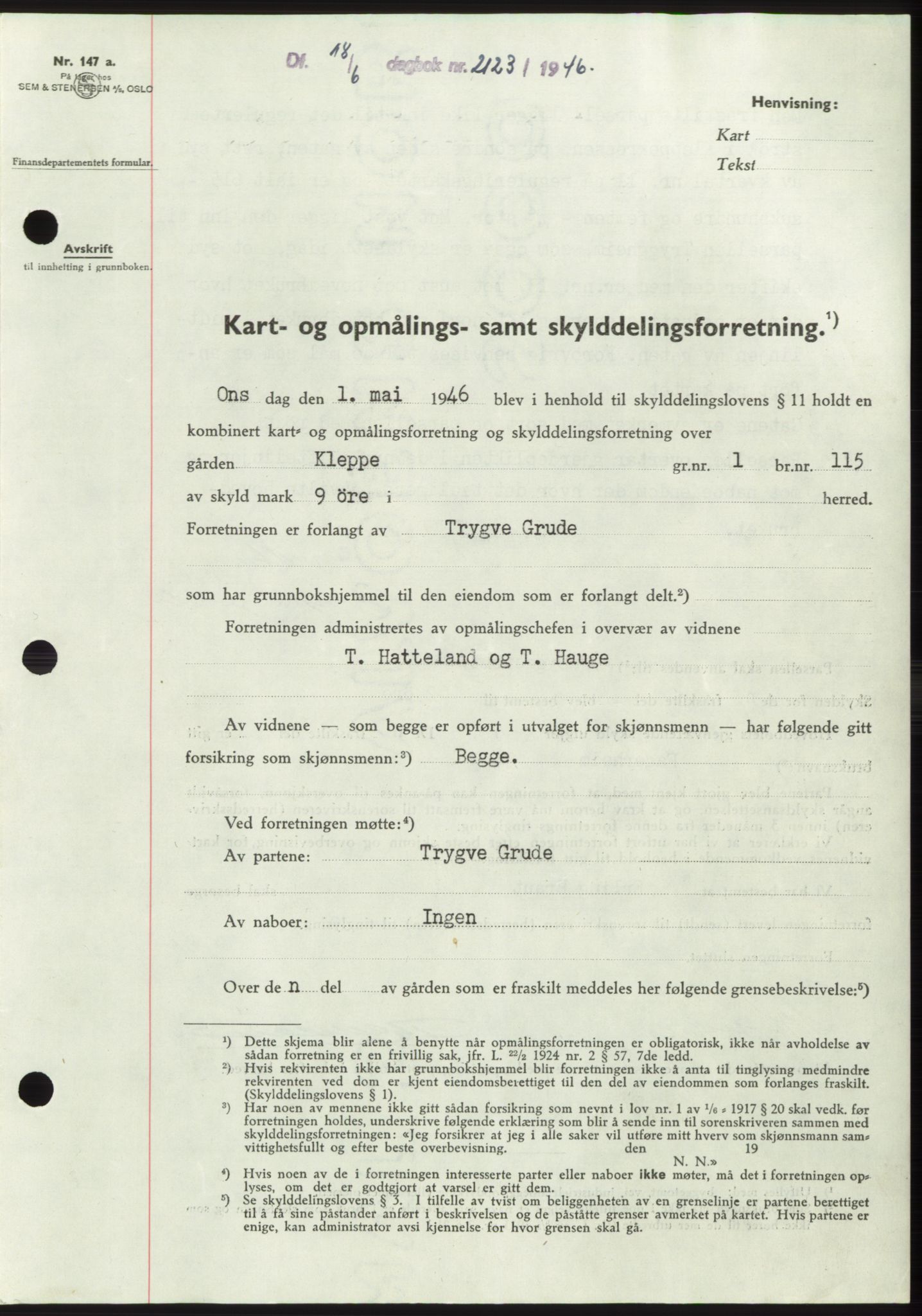 Jæren sorenskriveri, SAST/A-100310/03/G/Gba/L0090: Pantebok, 1946-1946, Dagboknr: 2123/1946