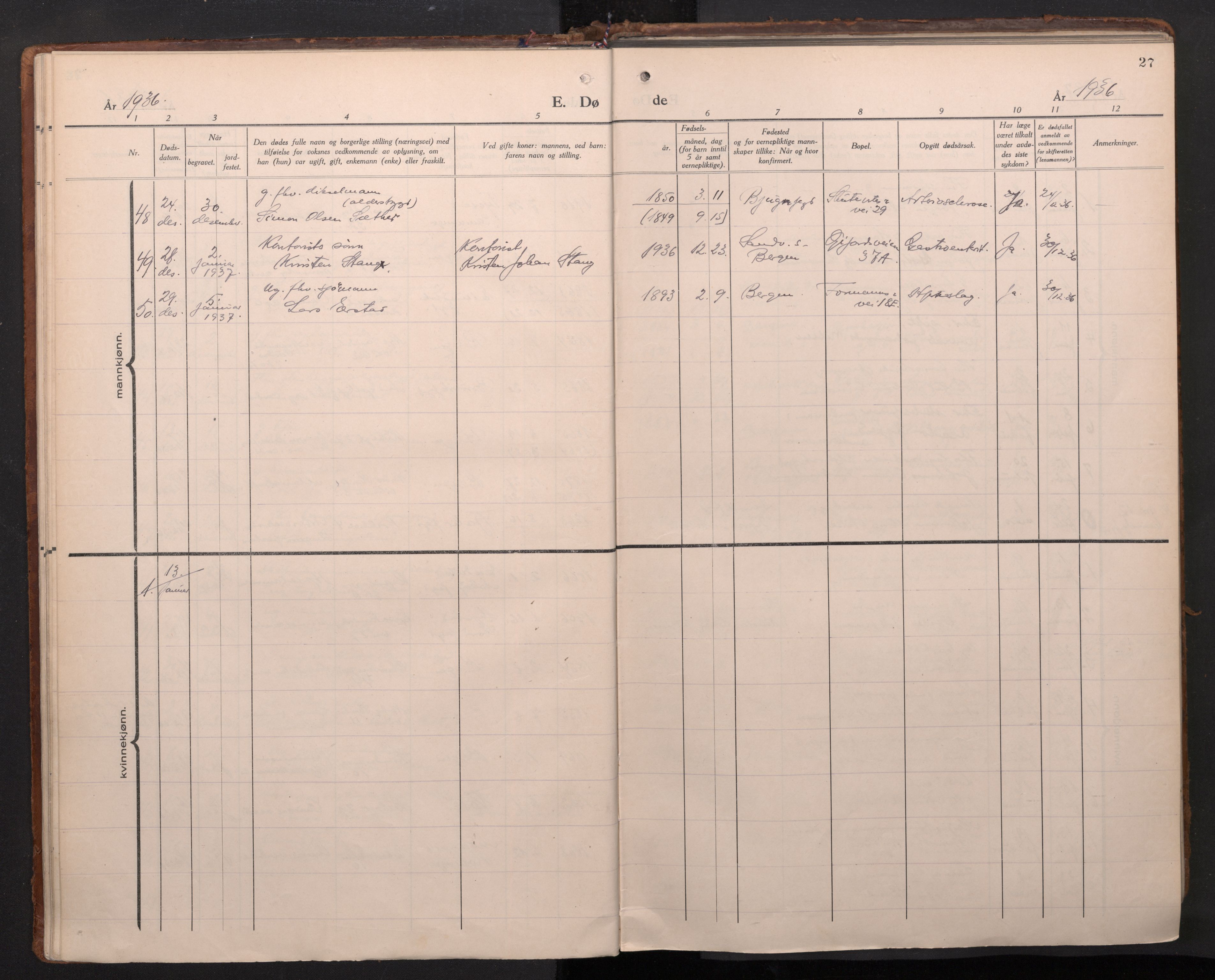 Sandviken Sokneprestembete, AV/SAB-A-77601/H/Ha/L0020: Ministerialbok nr. E 3, 1933-1962, s. 27