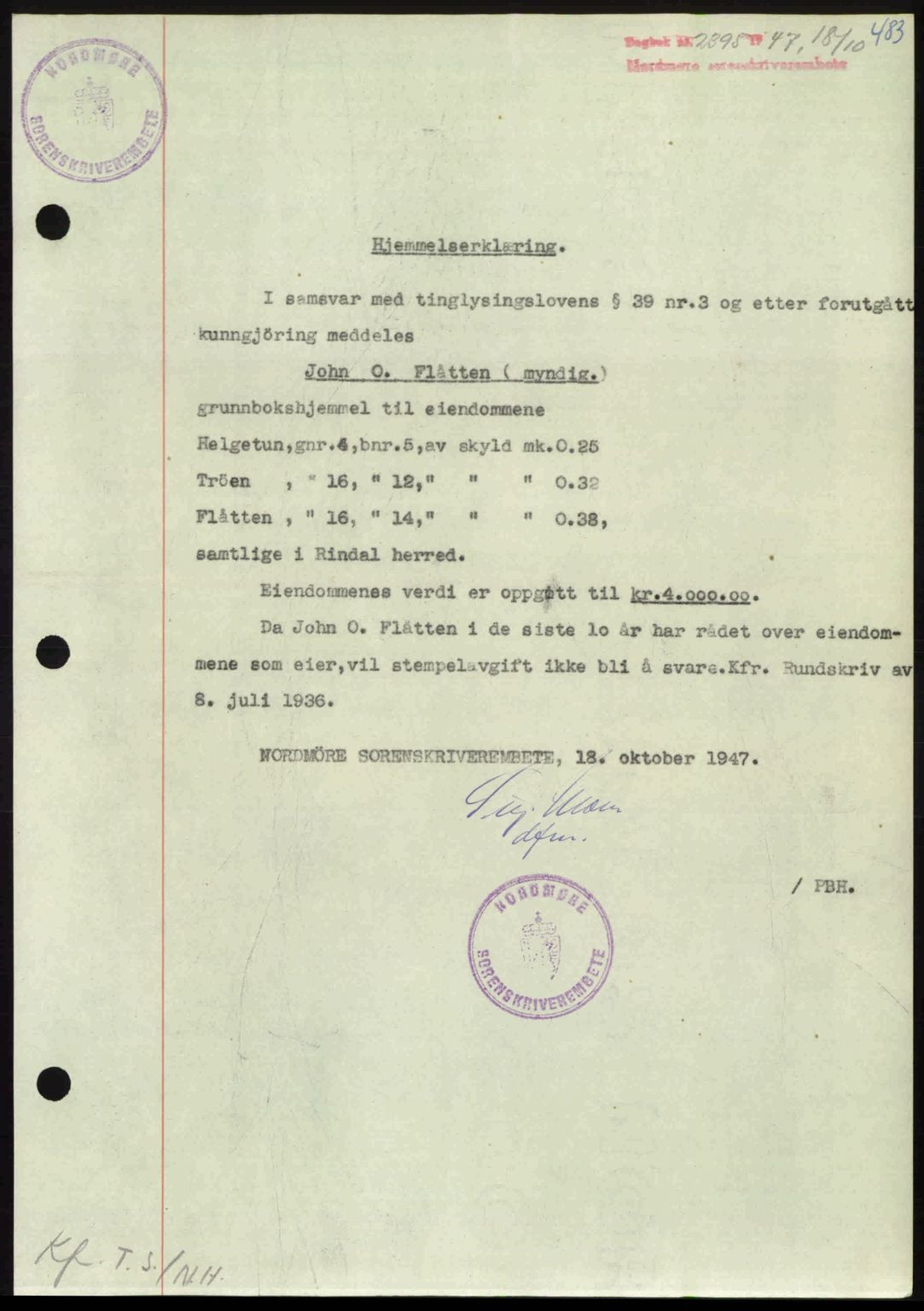 Nordmøre sorenskriveri, AV/SAT-A-4132/1/2/2Ca: Pantebok nr. A106, 1947-1947, Dagboknr: 2395/1947