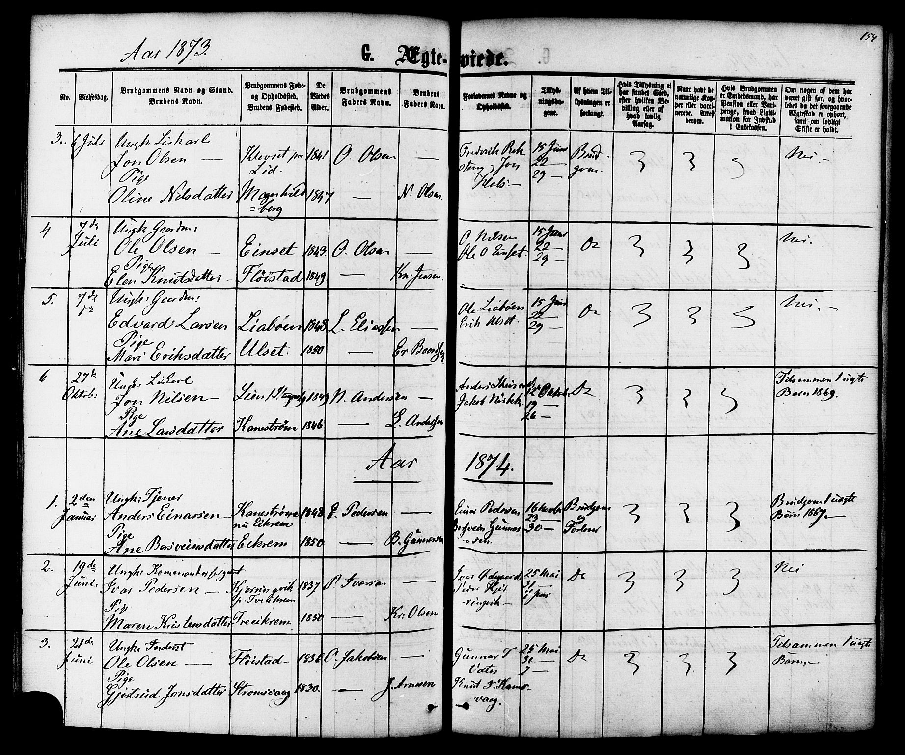 Ministerialprotokoller, klokkerbøker og fødselsregistre - Møre og Romsdal, AV/SAT-A-1454/587/L0999: Ministerialbok nr. 587A01, 1864-1886, s. 154