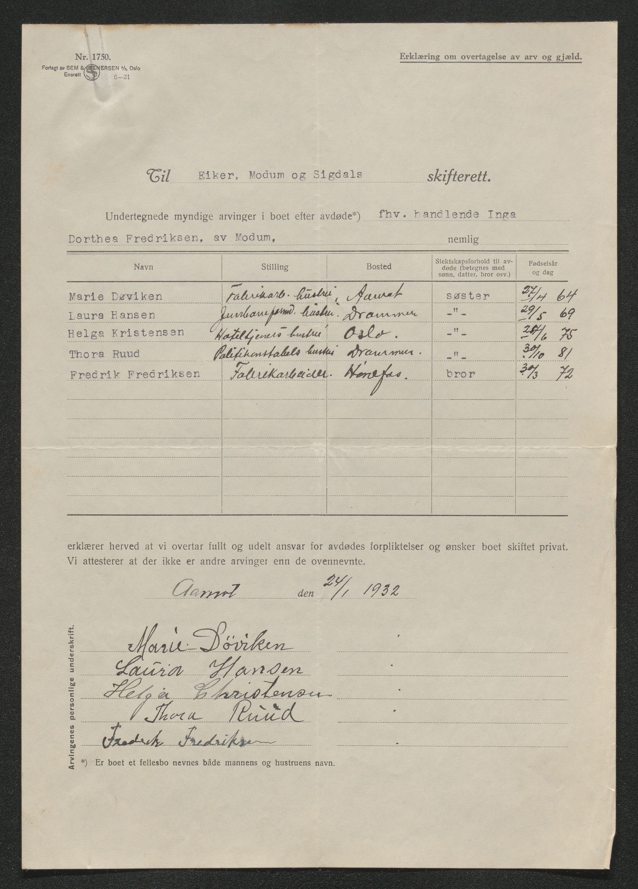 Eiker, Modum og Sigdal sorenskriveri, AV/SAKO-A-123/H/Ha/Hab/L0046: Dødsfallsmeldinger, 1930-1931, s. 1250