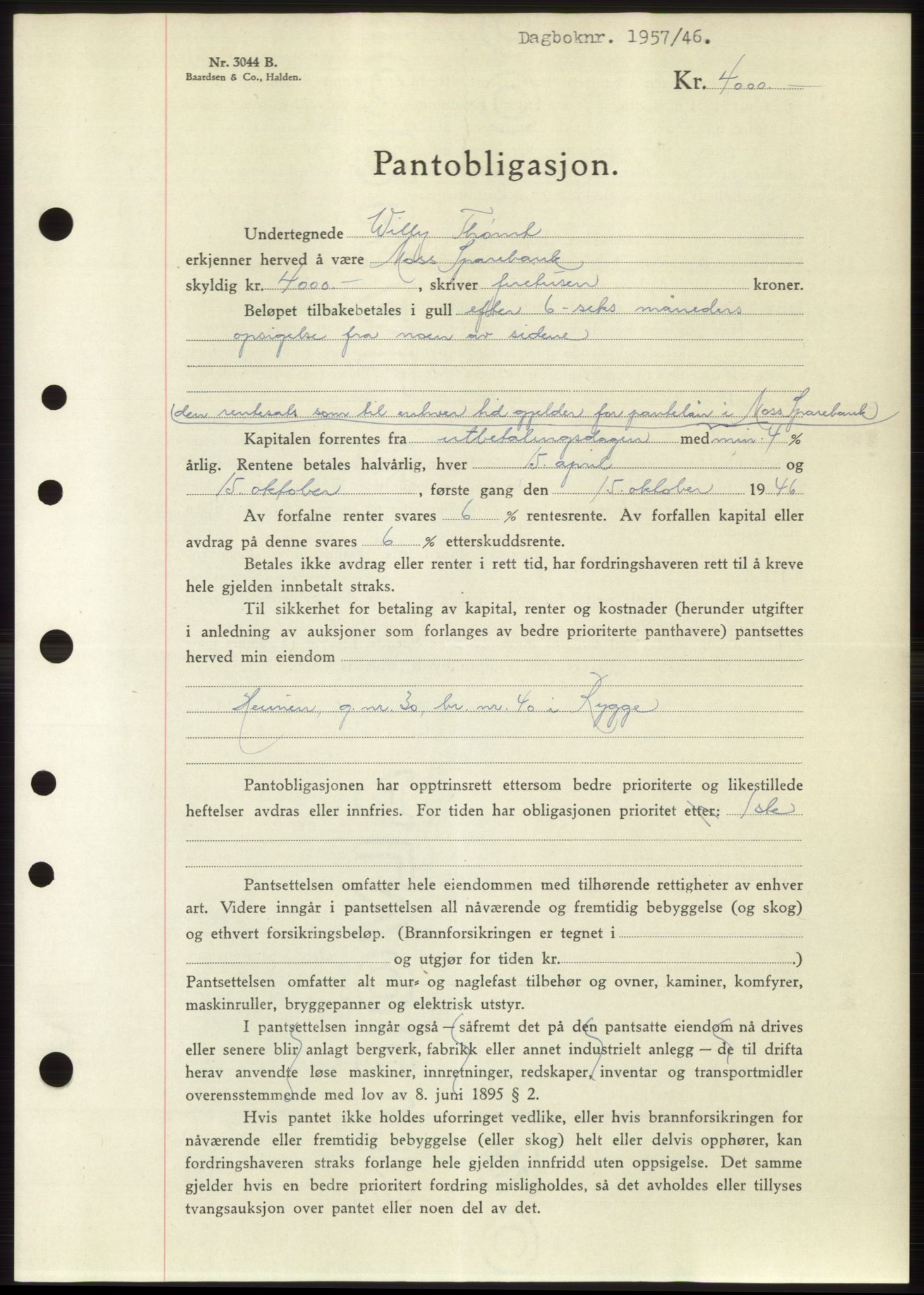 Moss sorenskriveri, SAO/A-10168: Pantebok nr. B15, 1946-1946, Dagboknr: 1957/1946
