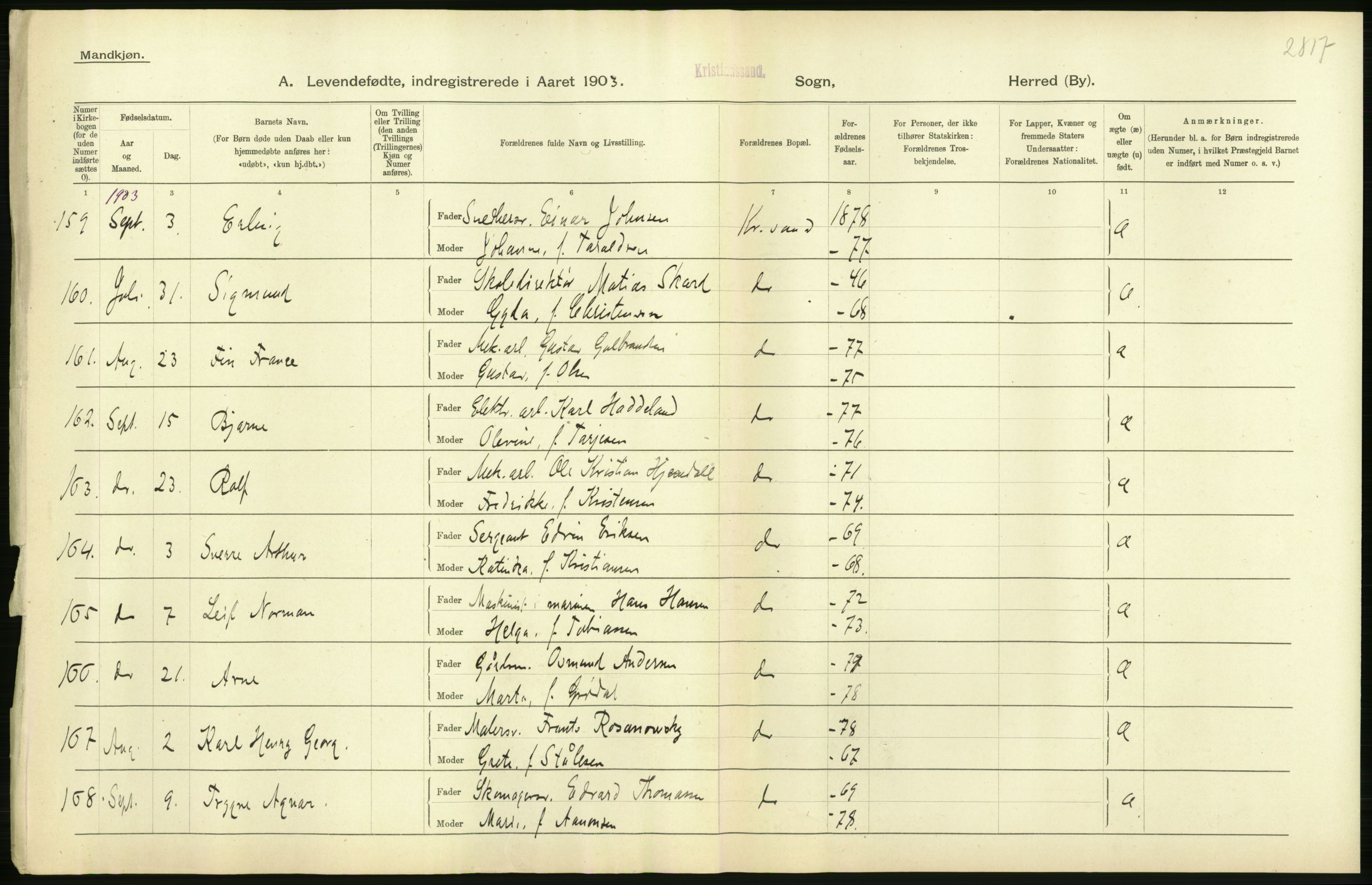 Statistisk sentralbyrå, Sosiodemografiske emner, Befolkning, AV/RA-S-2228/D/Df/Dfa/Dfaa/L0011: Lister og Mandal amt: Fødte, gifte, døde, 1903, s. 240